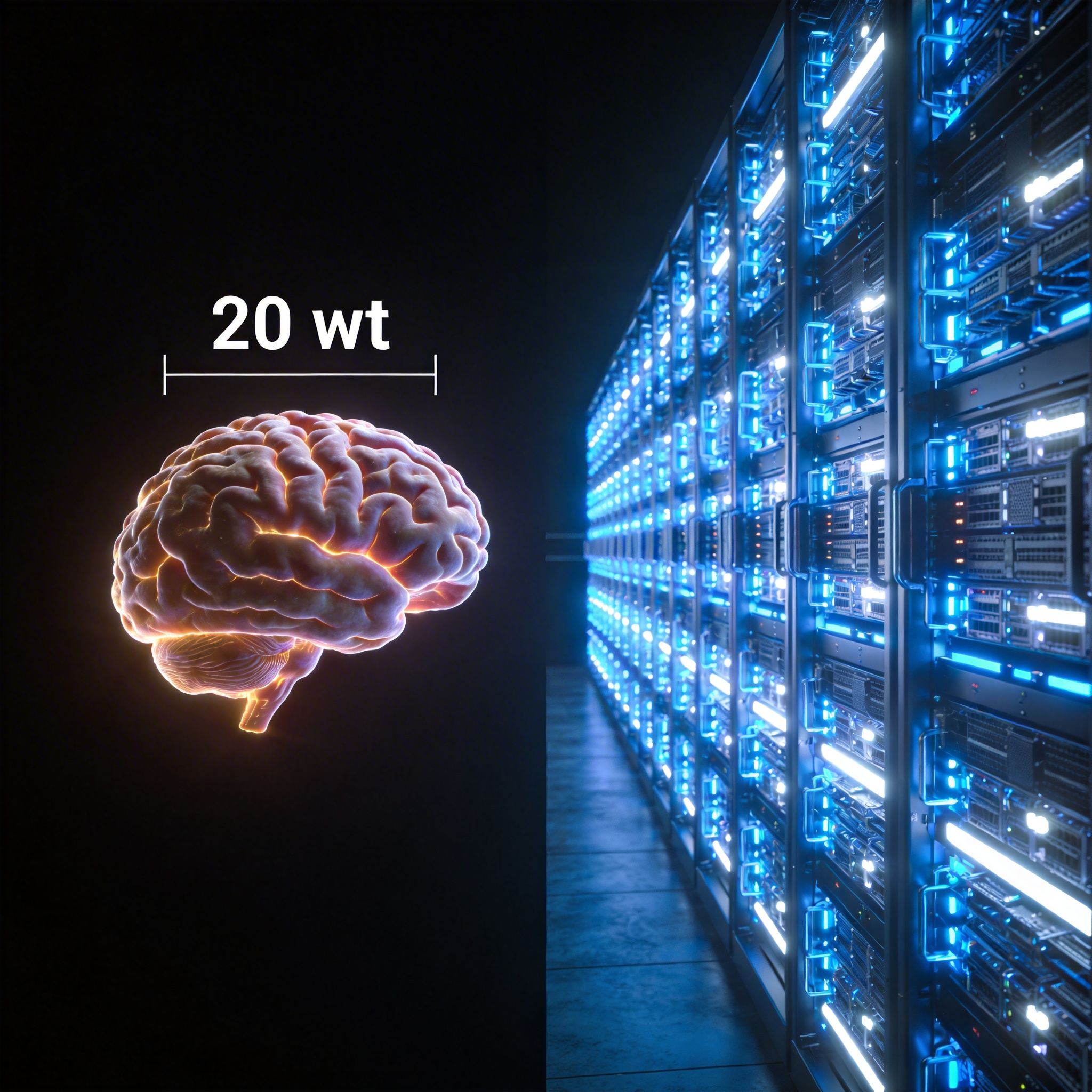 Visual comparison of a low-power human brain and high-power AI server racks.