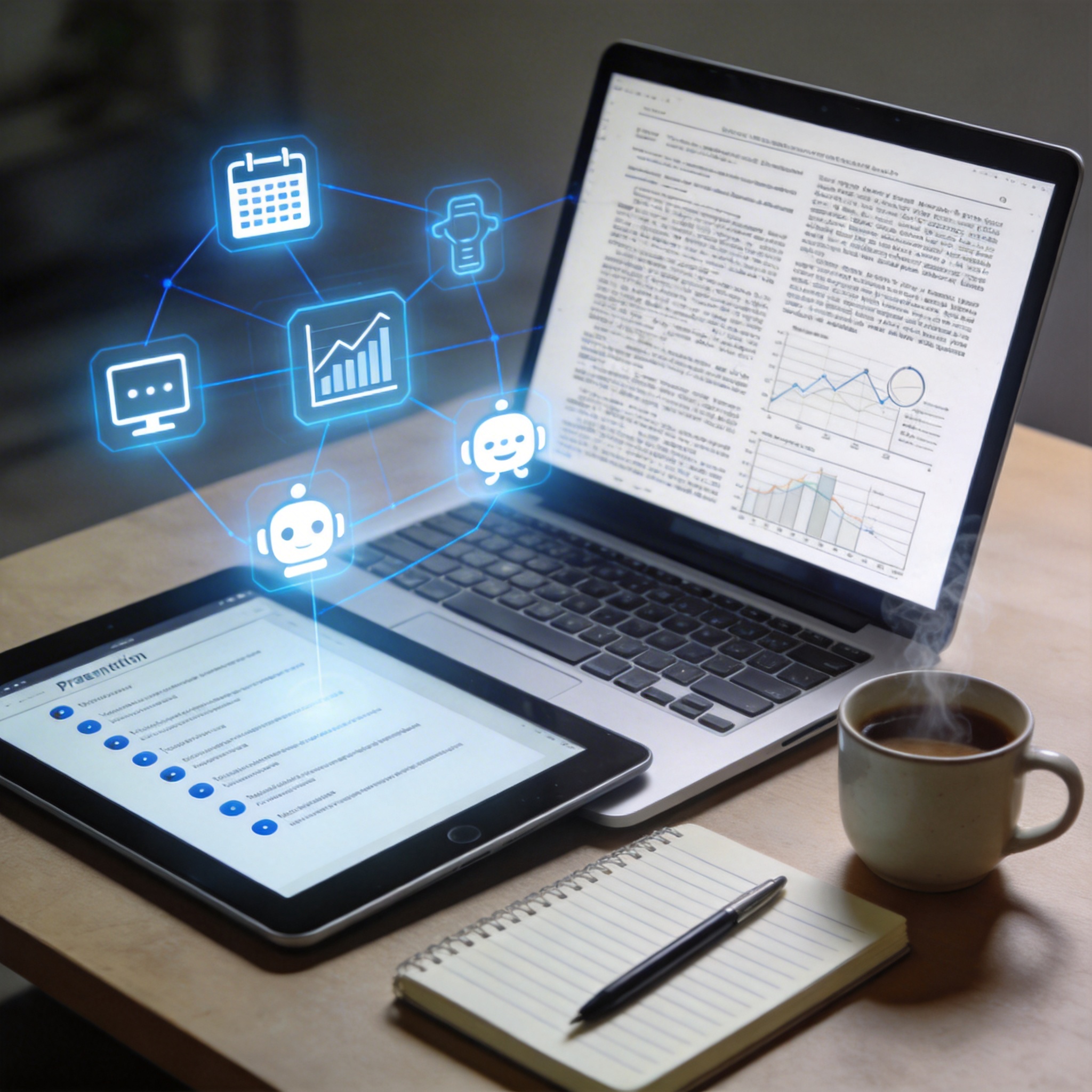 Modern desk setup with laptop, tablet, and interconnected digital tools, symbolizing an integrated AI ecosystem for academic work.