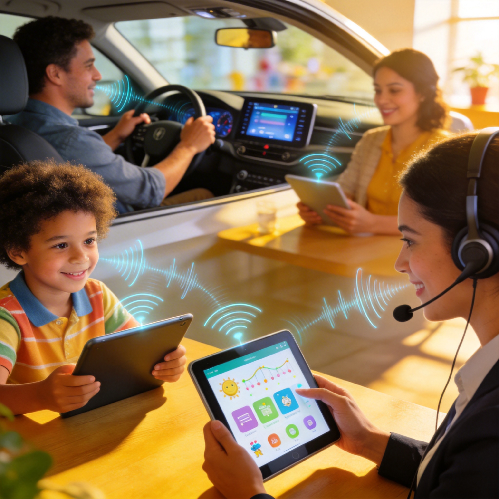 People interacting with smart devices in various settings, demonstrating broad applications of full-duplex voice AI.