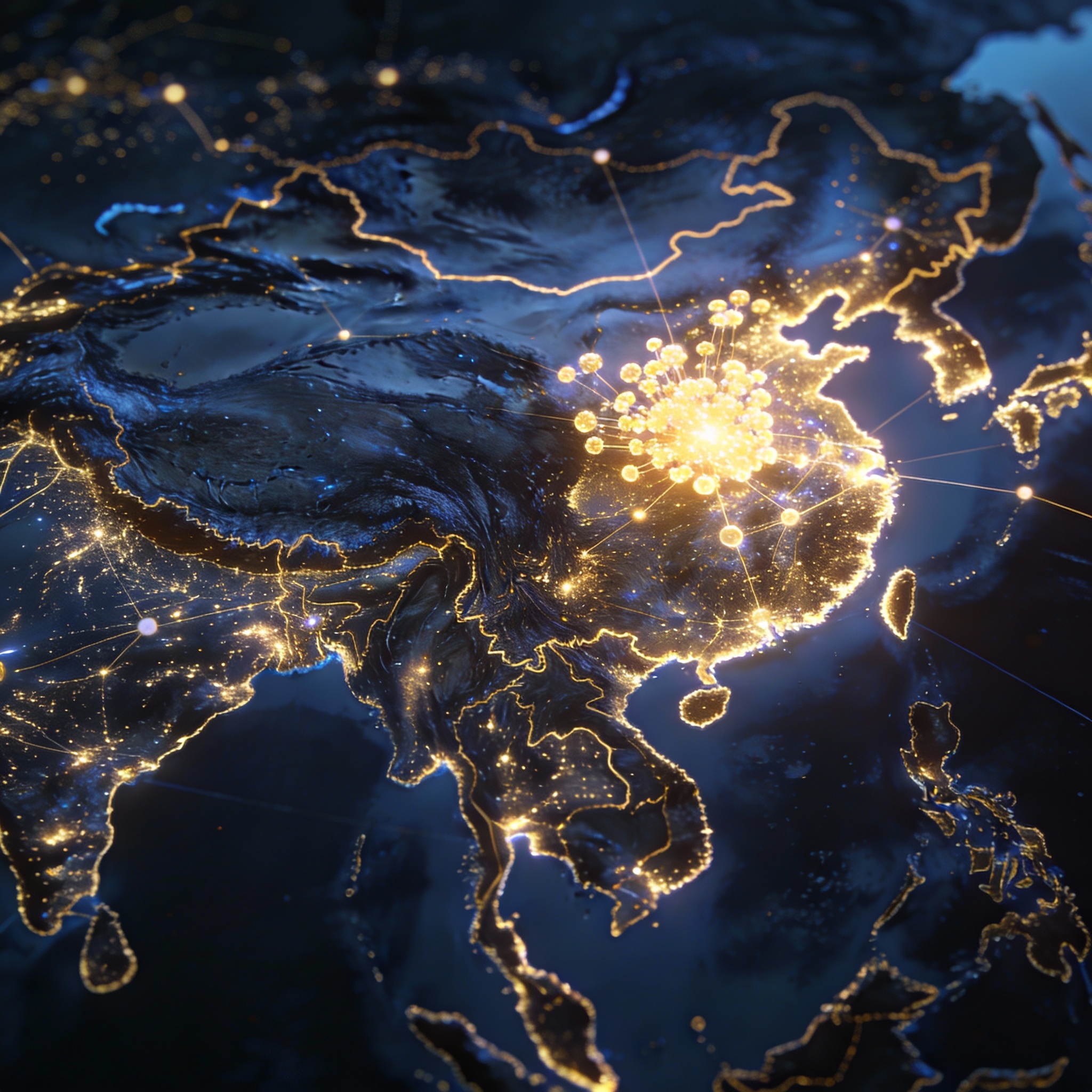 Abstract visualization of global AI influence, with a bright, expanding cluster of interconnected nodes over Asia.