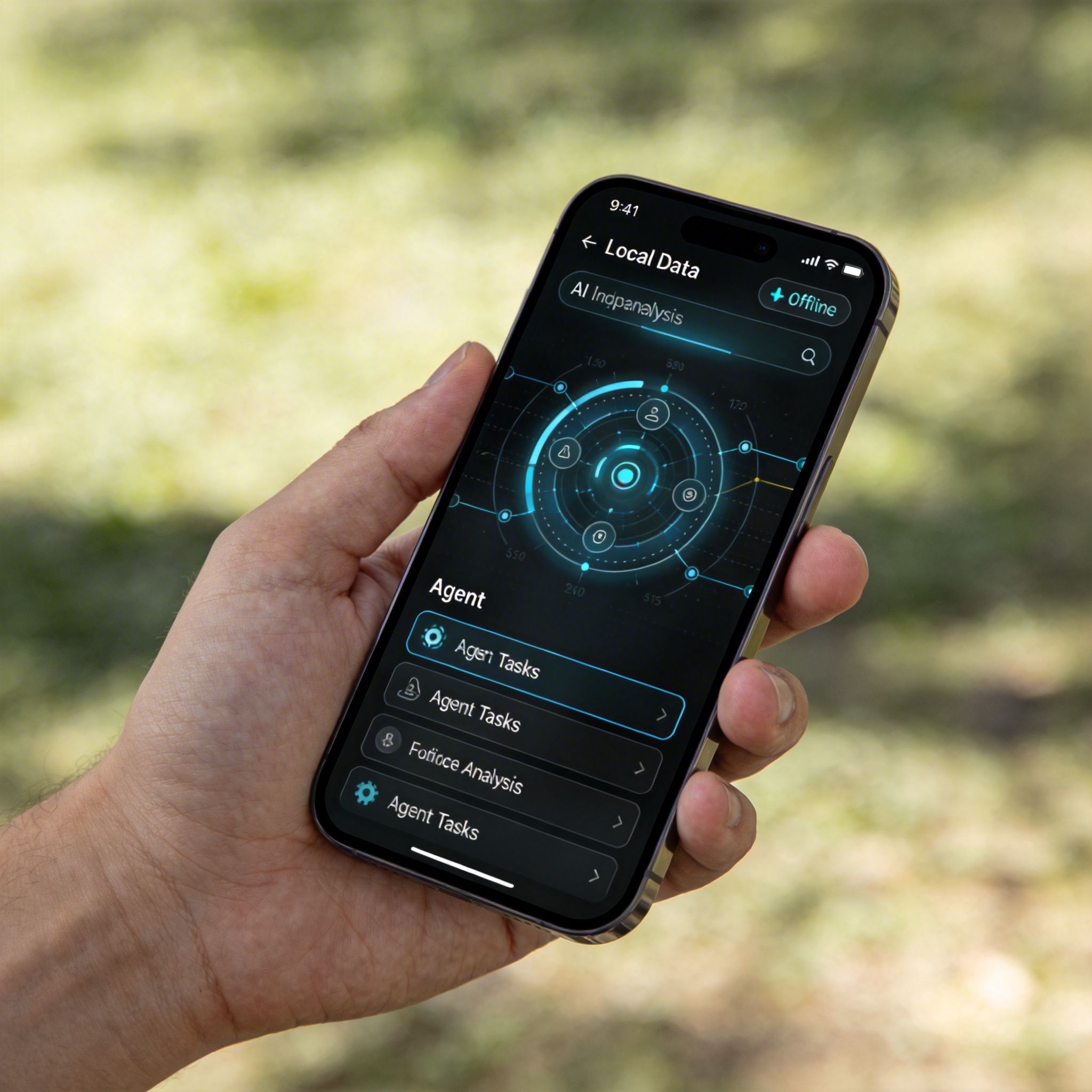 Smartphone displaying AI interface, held in hand outdoors, symbolizing offline mobile AI capabilities.