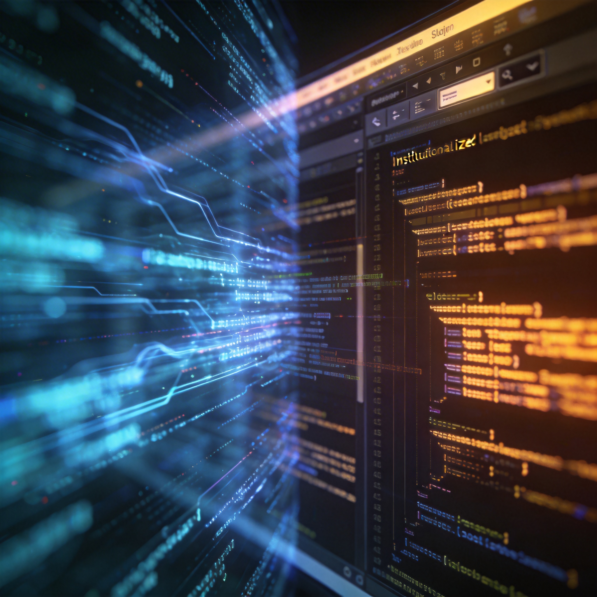 Abstract visualization contrasting fluid, AI-generated code with stable, institutionalized software systems.
