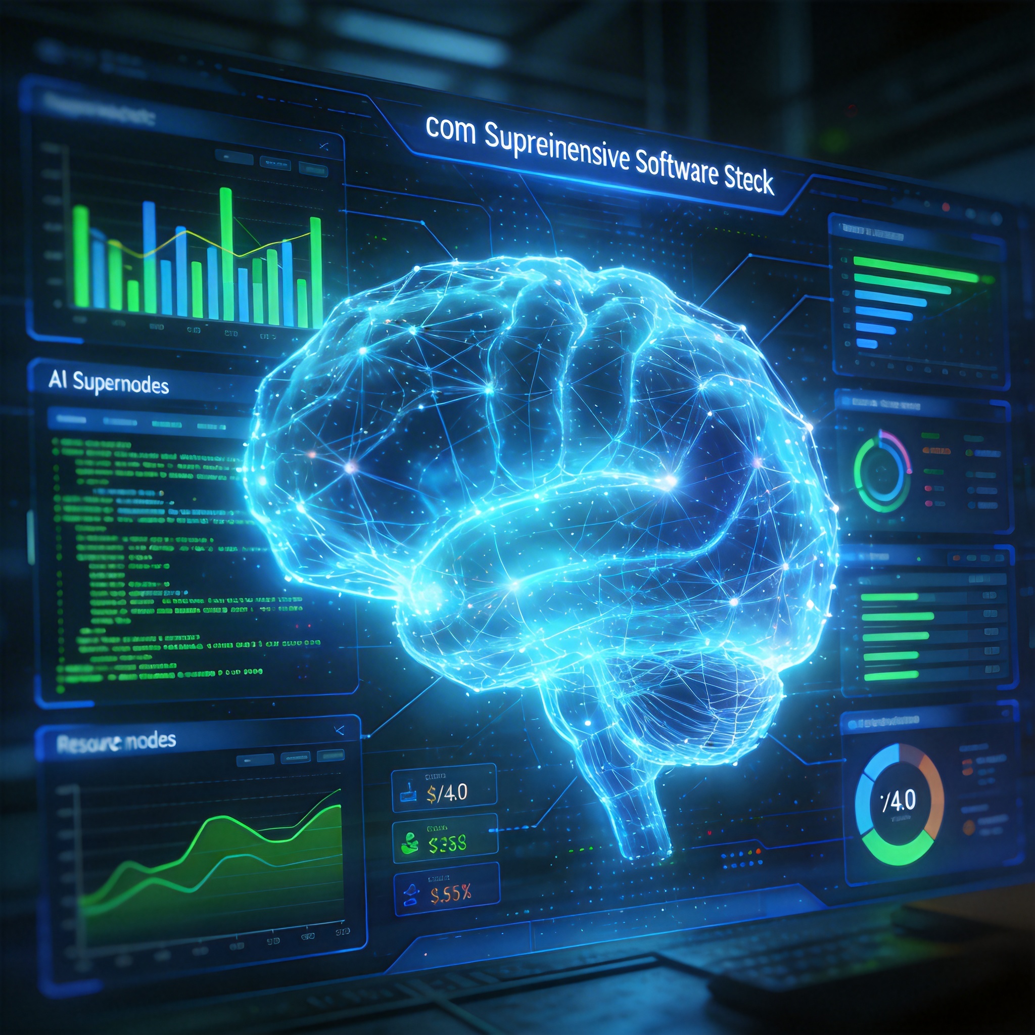 Abstract digital brain with overlaid UI, symbolizing a comprehensive software stack for AI.