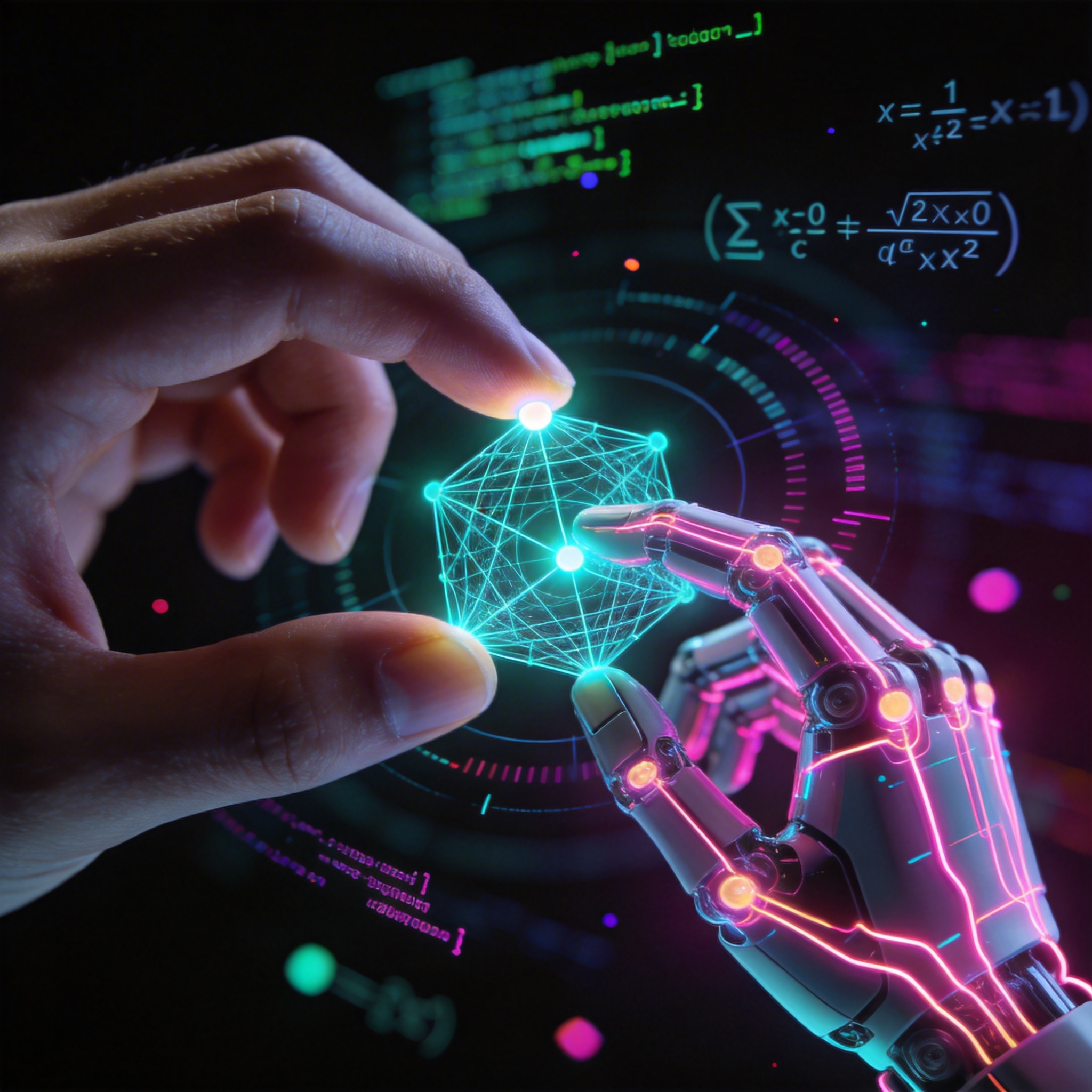 Human and digital hands collaboratively working on a holographic code interface, symbolizing human-machine debugging.