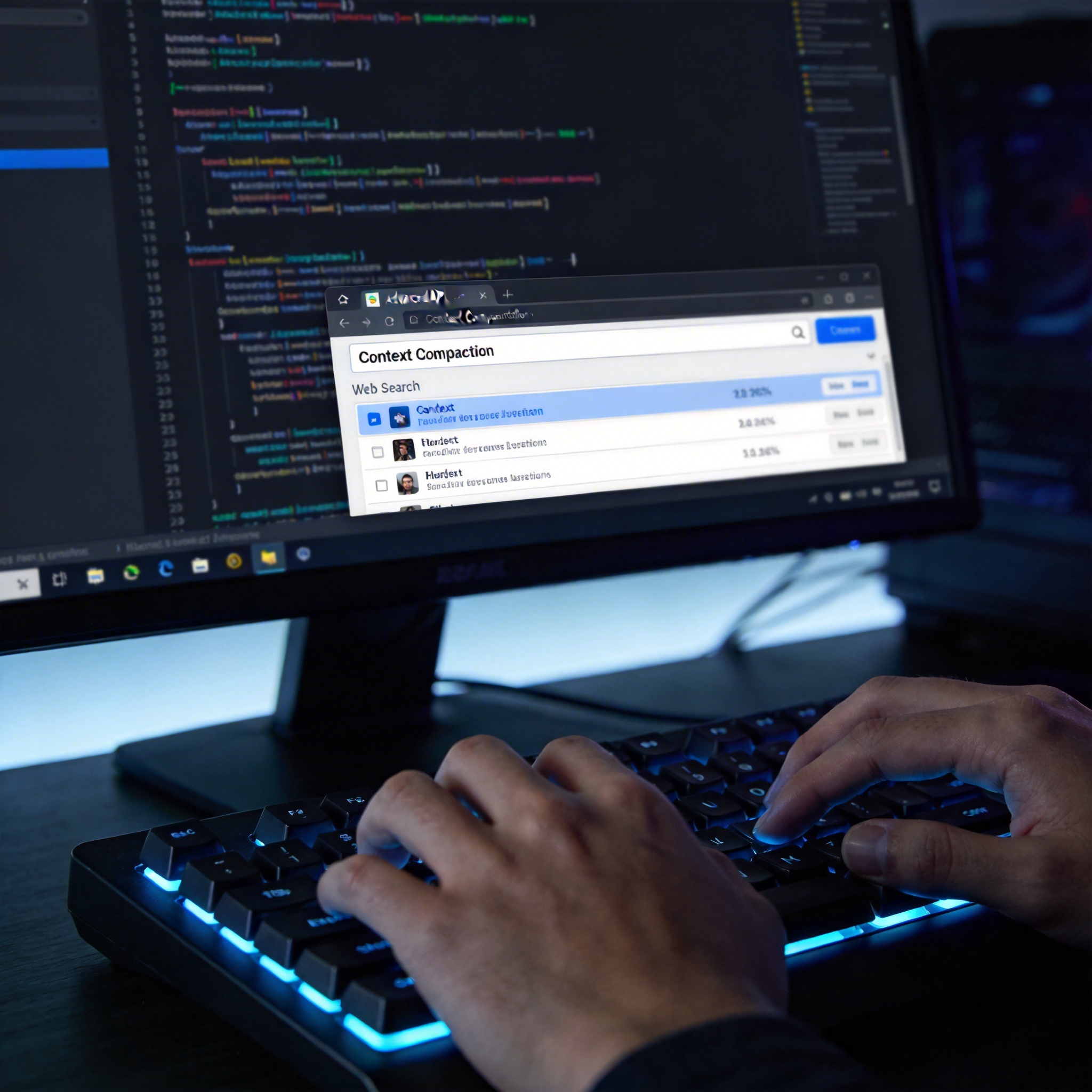 Developer's hands typing on a keyboard, with a screen showing API code, web search results, and 'Context Compaction' feature.