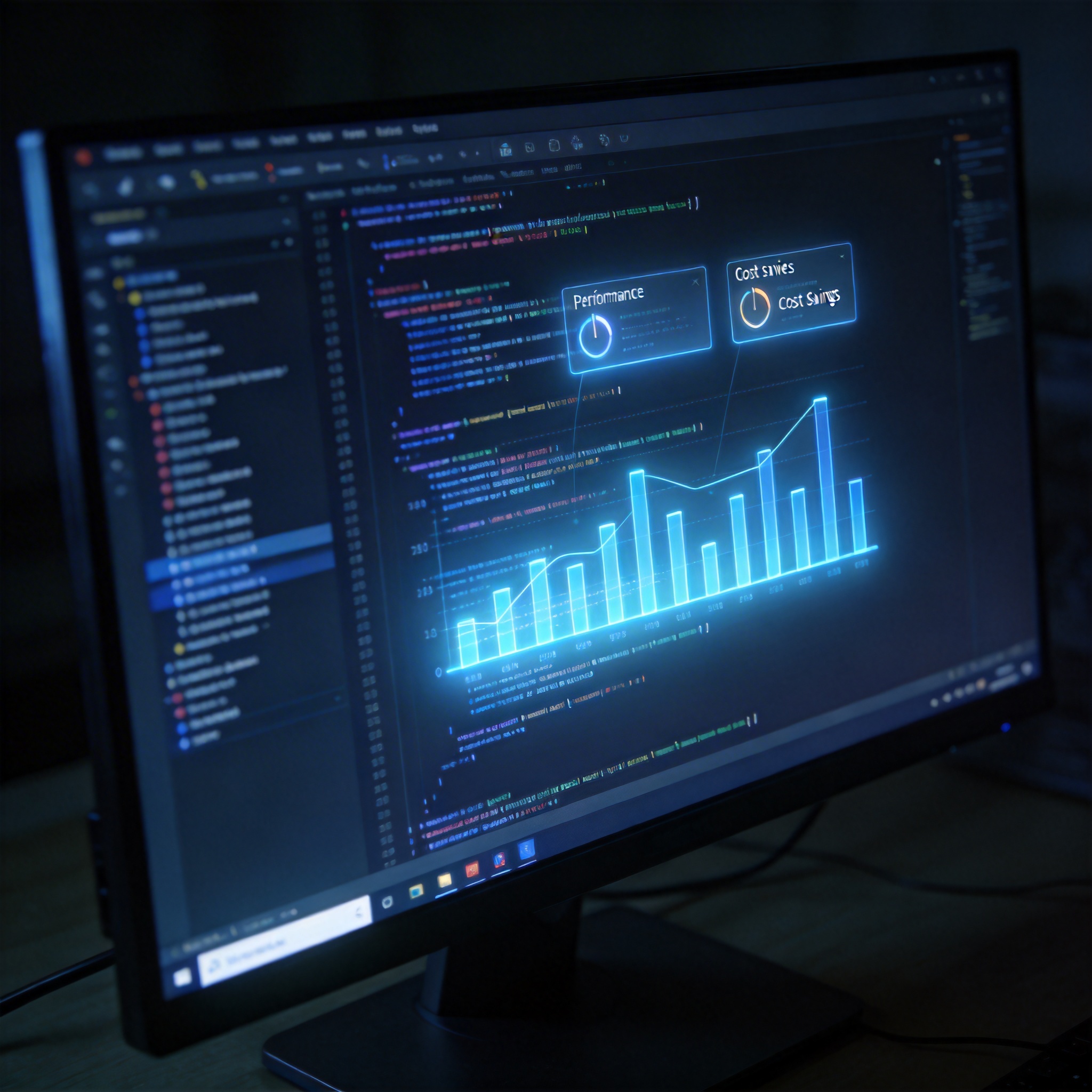 Digital interface showing code and performance graphs, symbolizing coding task efficiency.