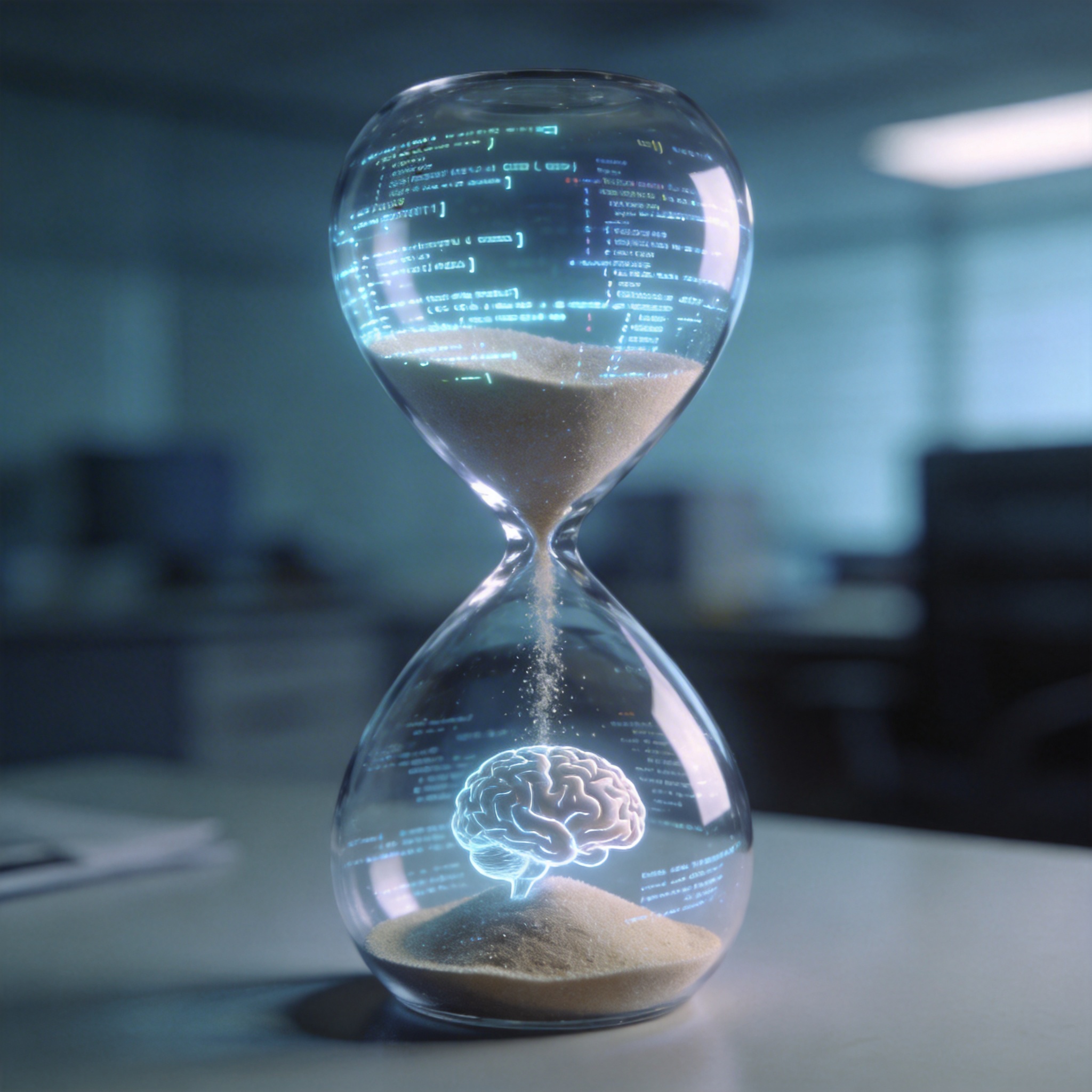 Hourglass with digital code and brain structure, symbolizing speed vs. cognitive cost.