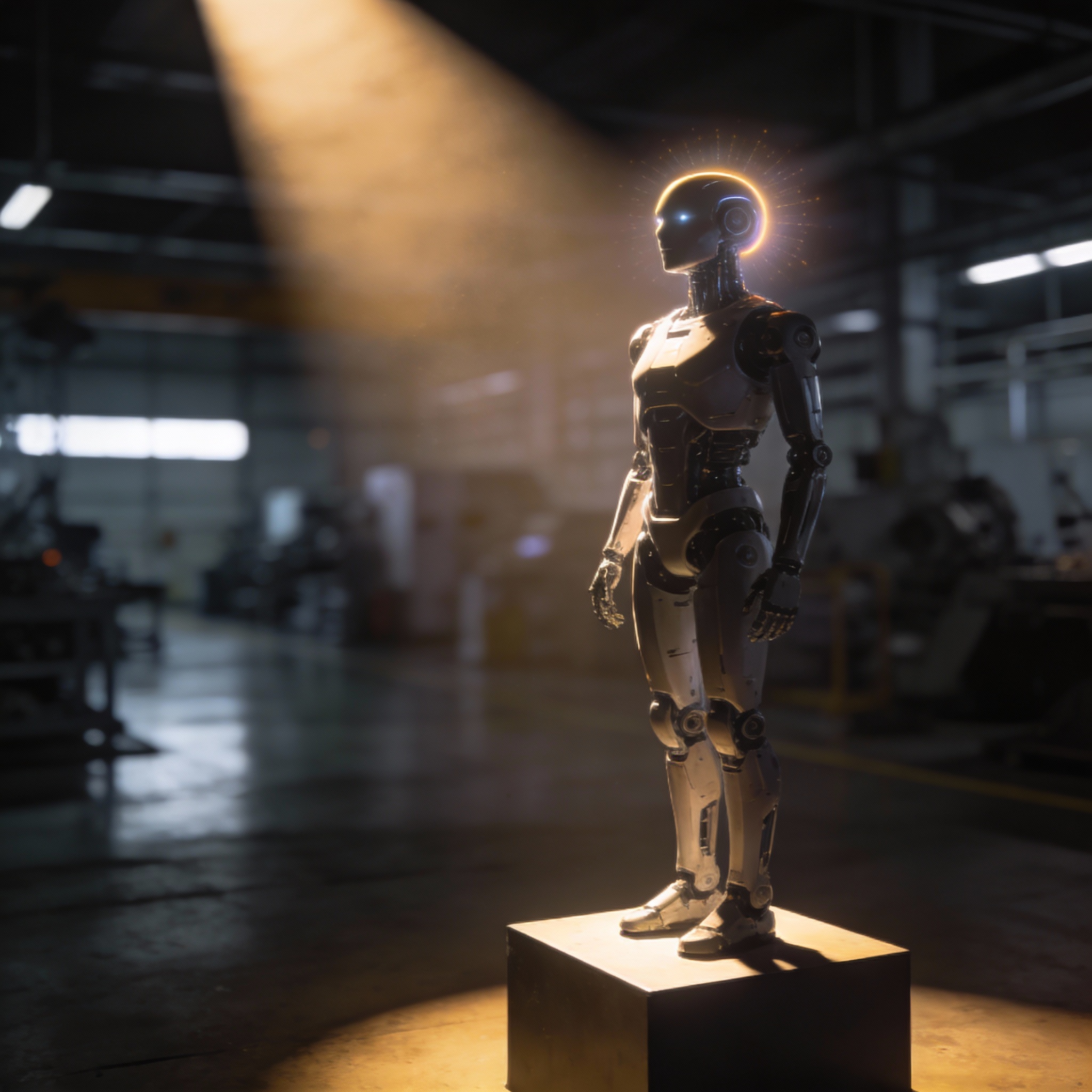 Humanoid robot on a pedestal with a glowing head, symbolizing intelligent awakening.