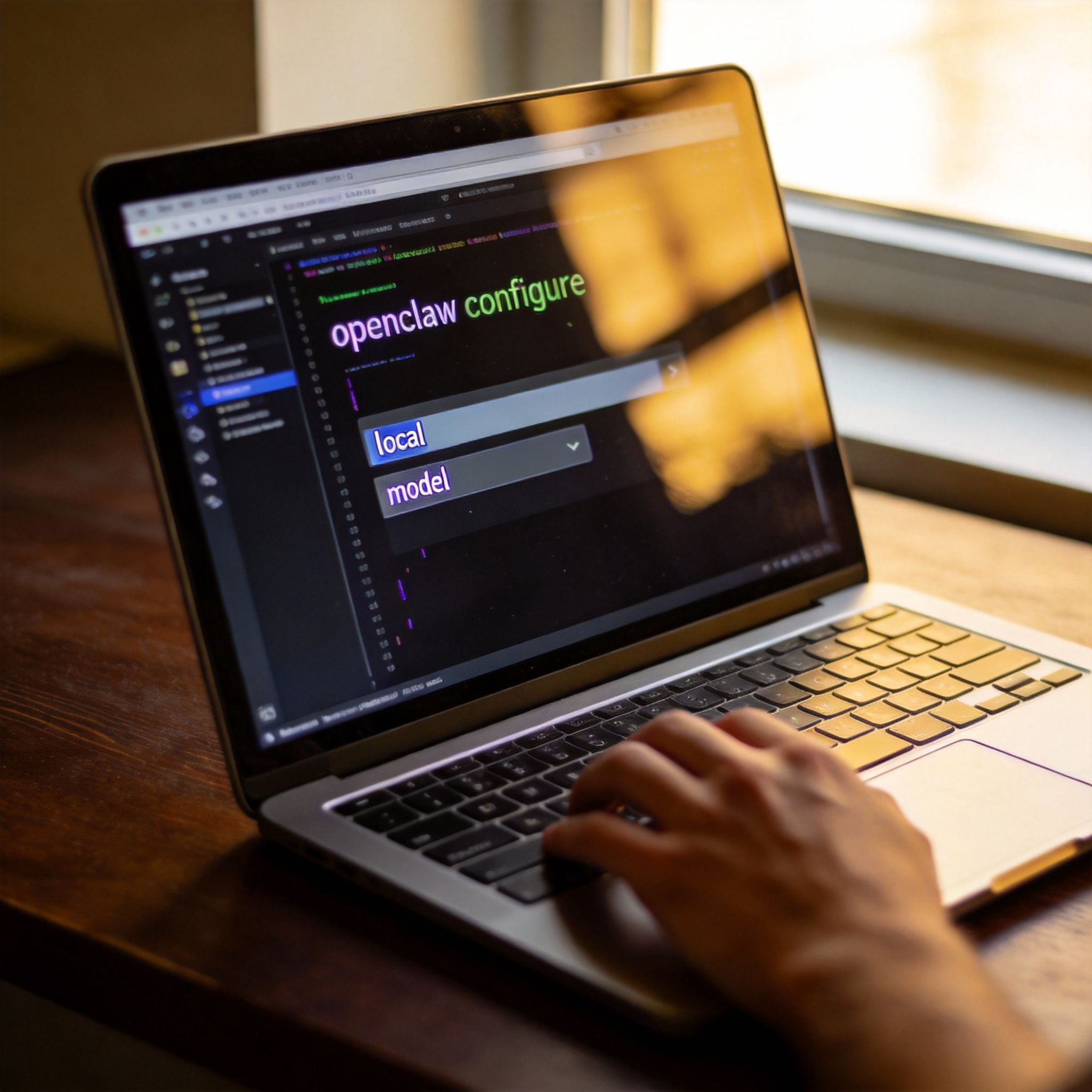 Developer typing 'openclaw configure' command in a terminal on a laptop.