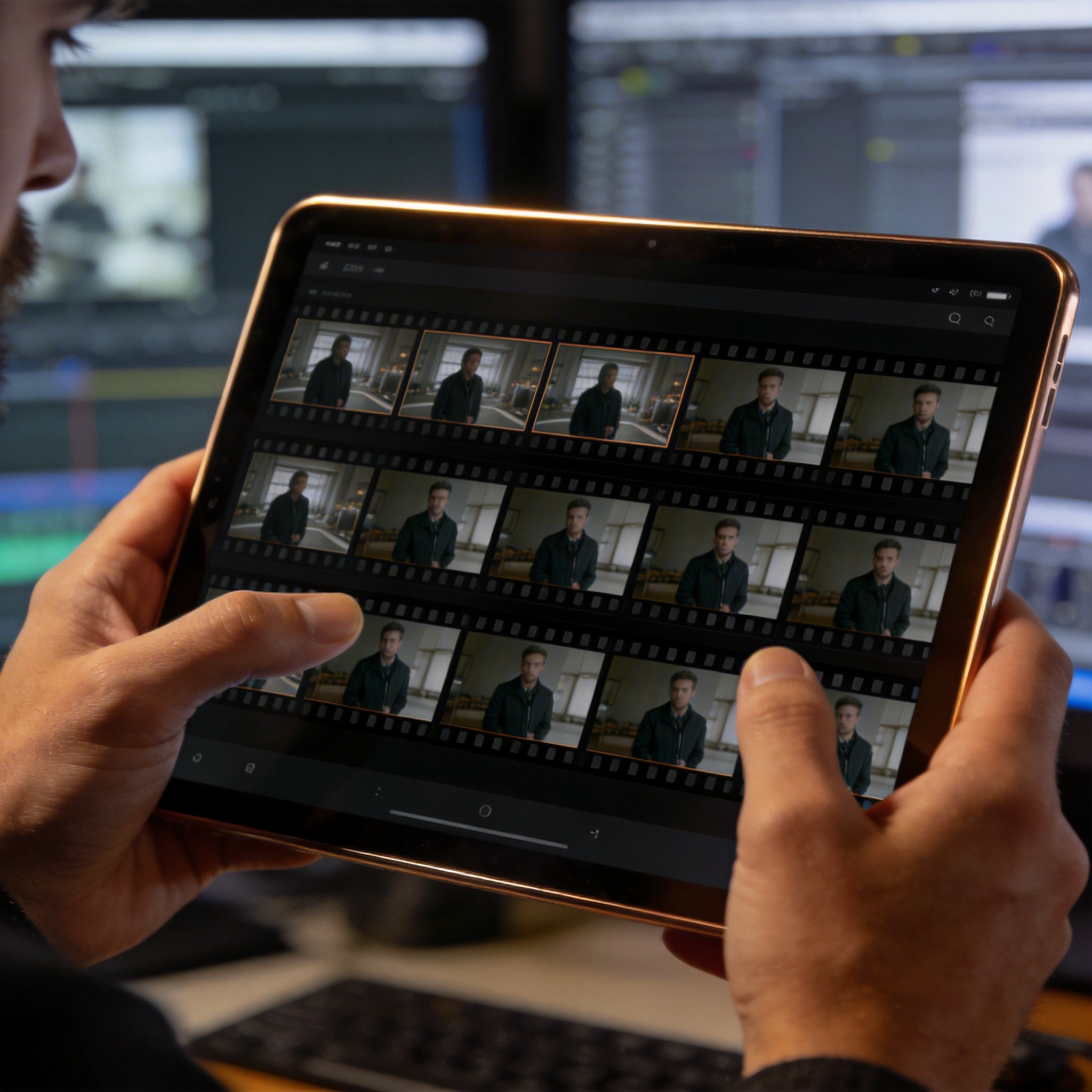 Film director reviewing a digital storyboard on a tablet, focusing on character consistency and spatial continuity.