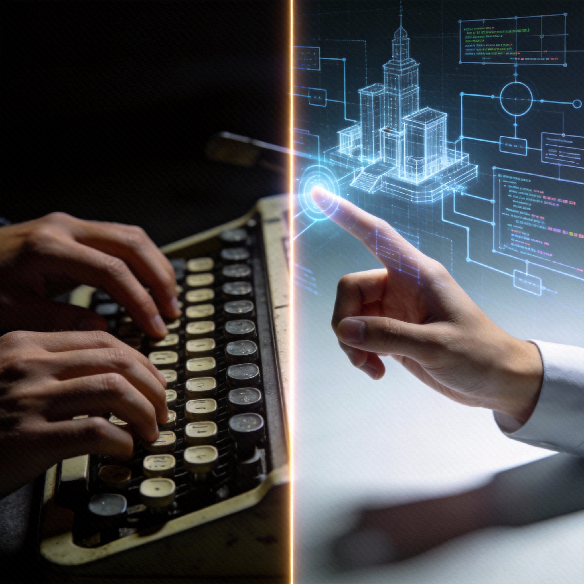 Conceptual image showing transition from manual coding to AI-driven project management.