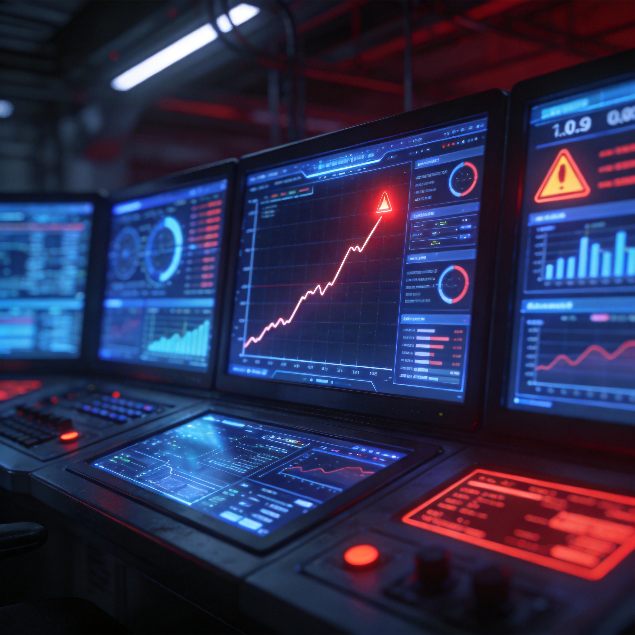 A high-tech control panel with data visualizations and a red alert, symbolizing escalating AI capabilities.