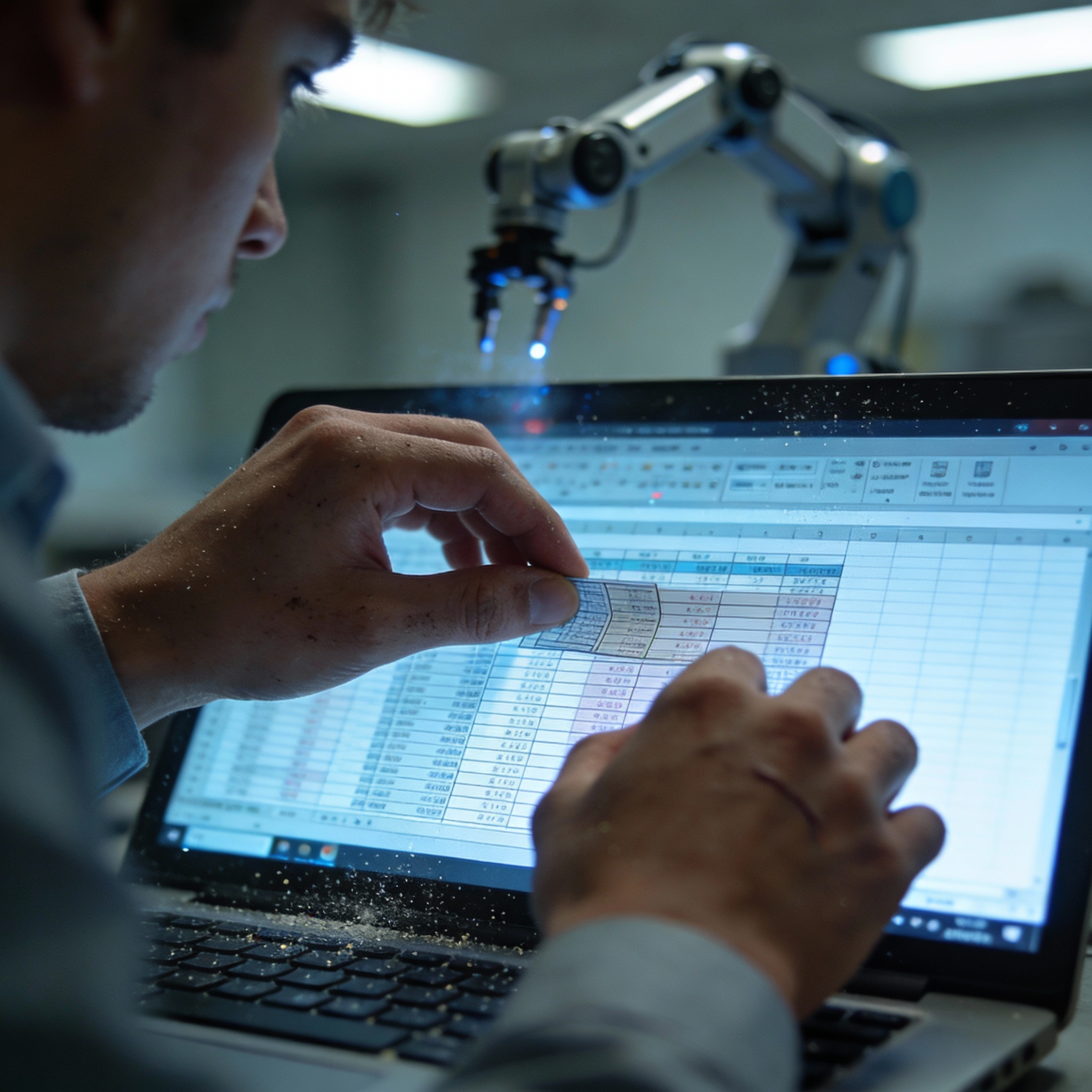 Human hands working on a spreadsheet, with a robotic arm blurred in the background, symbolizing automation.