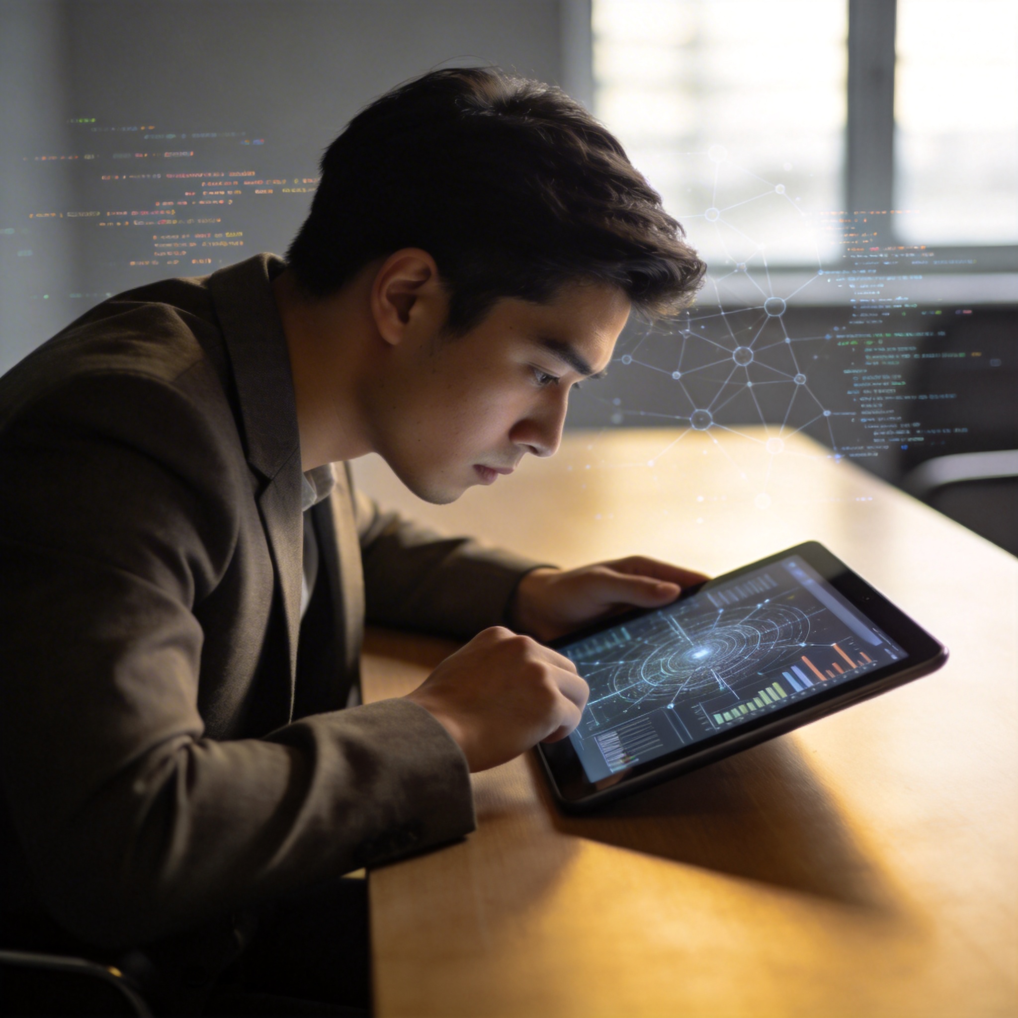 Young professional critically analyzing information on a tablet, emphasizing discernment in the age of AI.