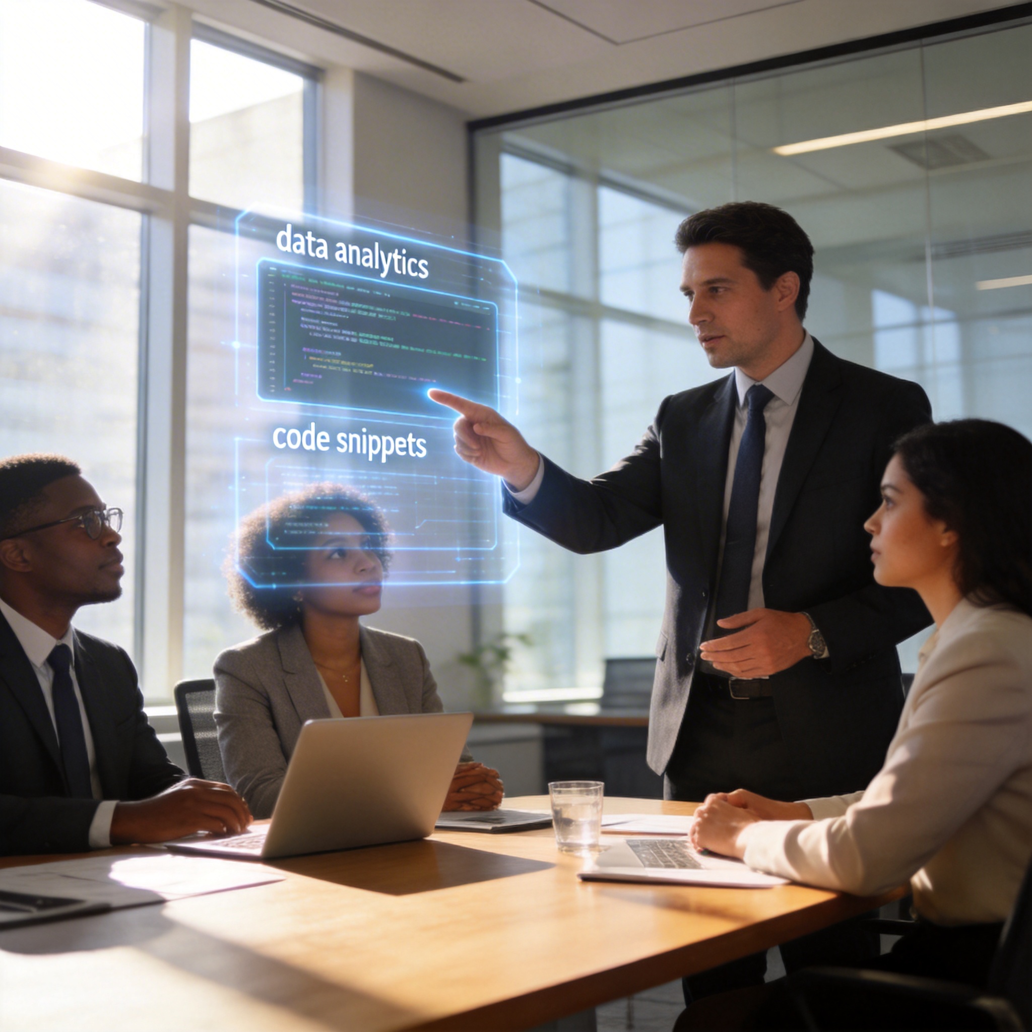 Business executives in a modern boardroom discussing enterprise AI integration with a holographic display.