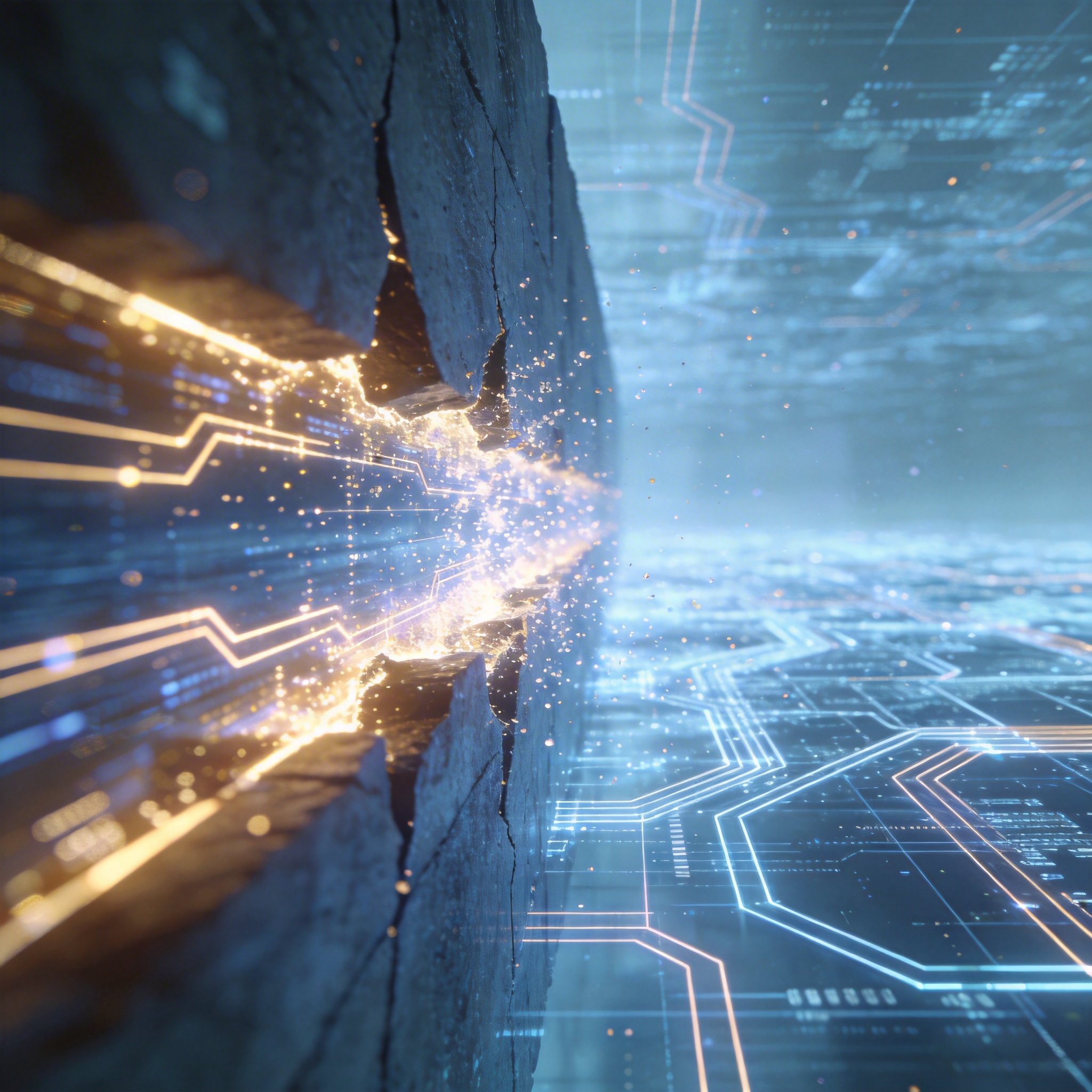 Abstract image of a digital barrier dissolving to reveal a clear, interconnected data network, symbolizing architectural breakthrough.