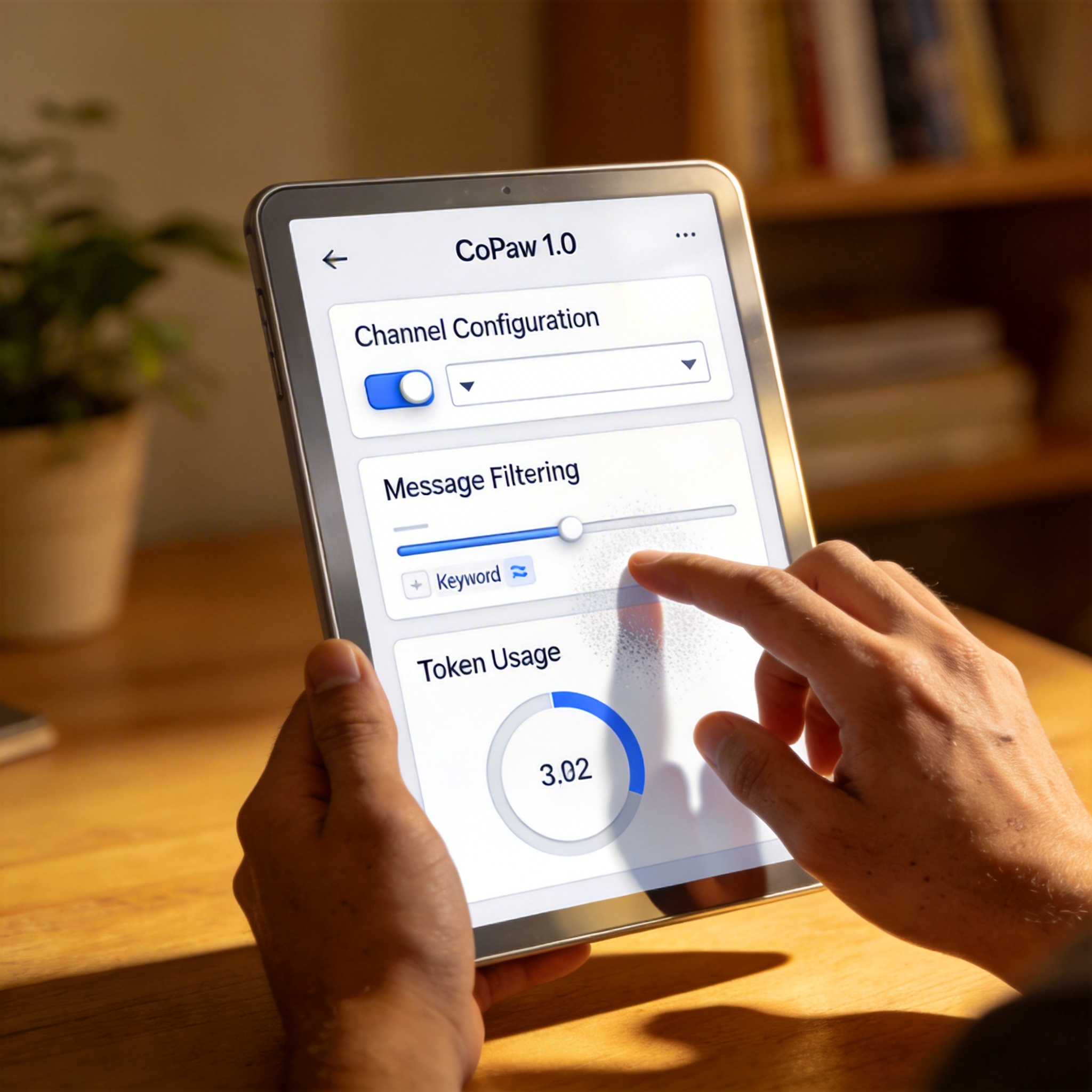Hands interacting with a tablet displaying CoPaw 1.0's user interface with improved channel coverage and token usage visualization.