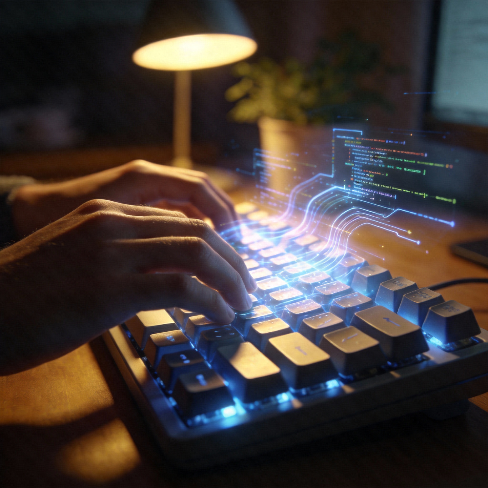 Hands typing on a keyboard with digital data overlay, symbolizing local AI agent interaction.