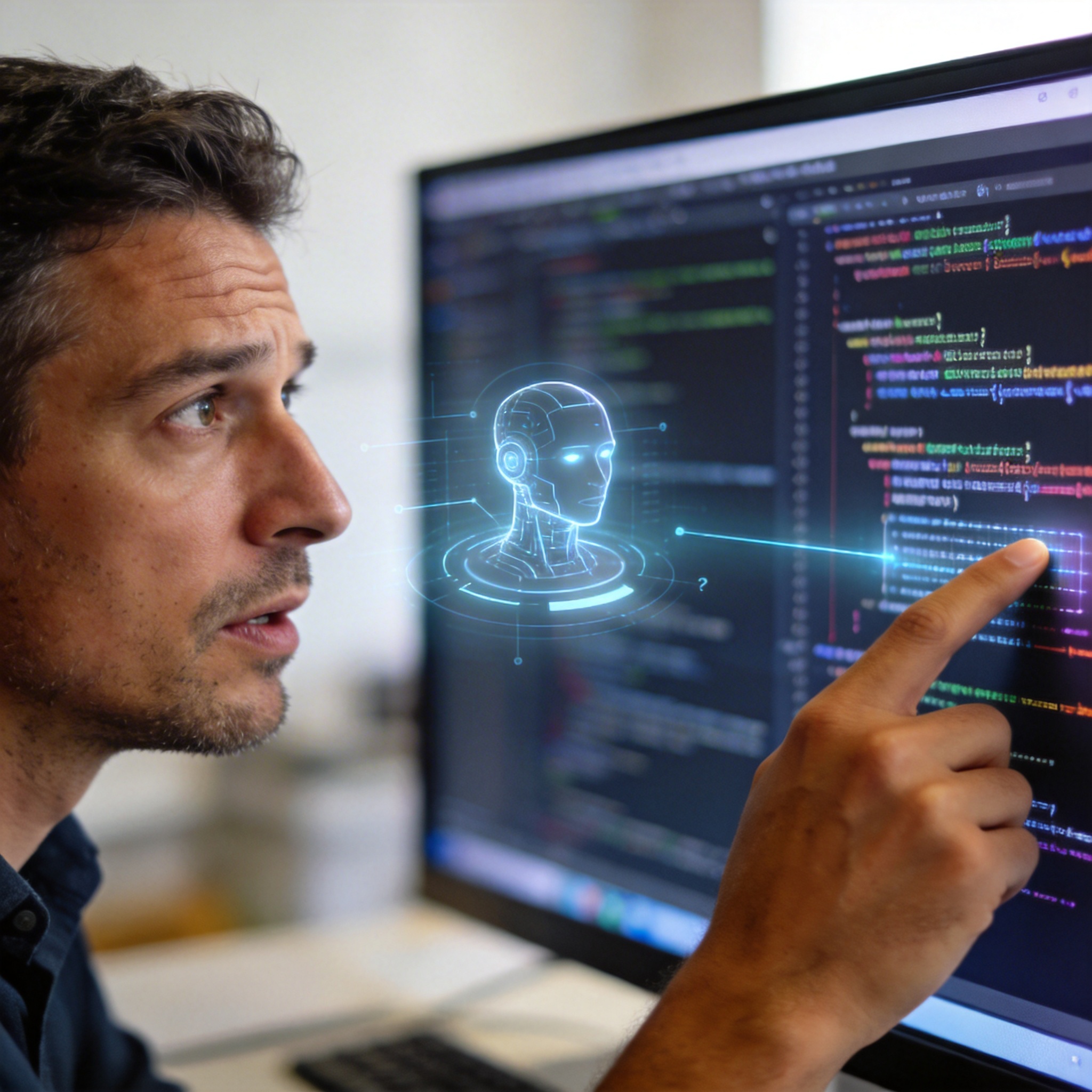 Developer critically reviewing AI-generated code, representing 'generate first, then question' mode.
