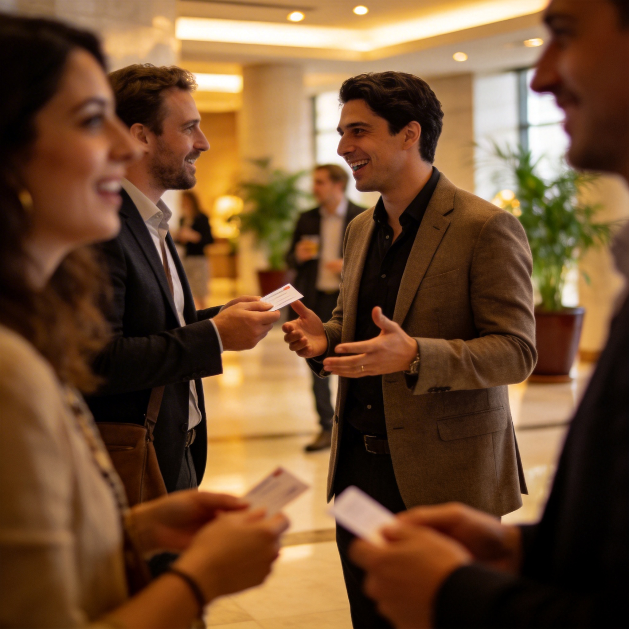 Professionals networking and discussing at an in-person conference.