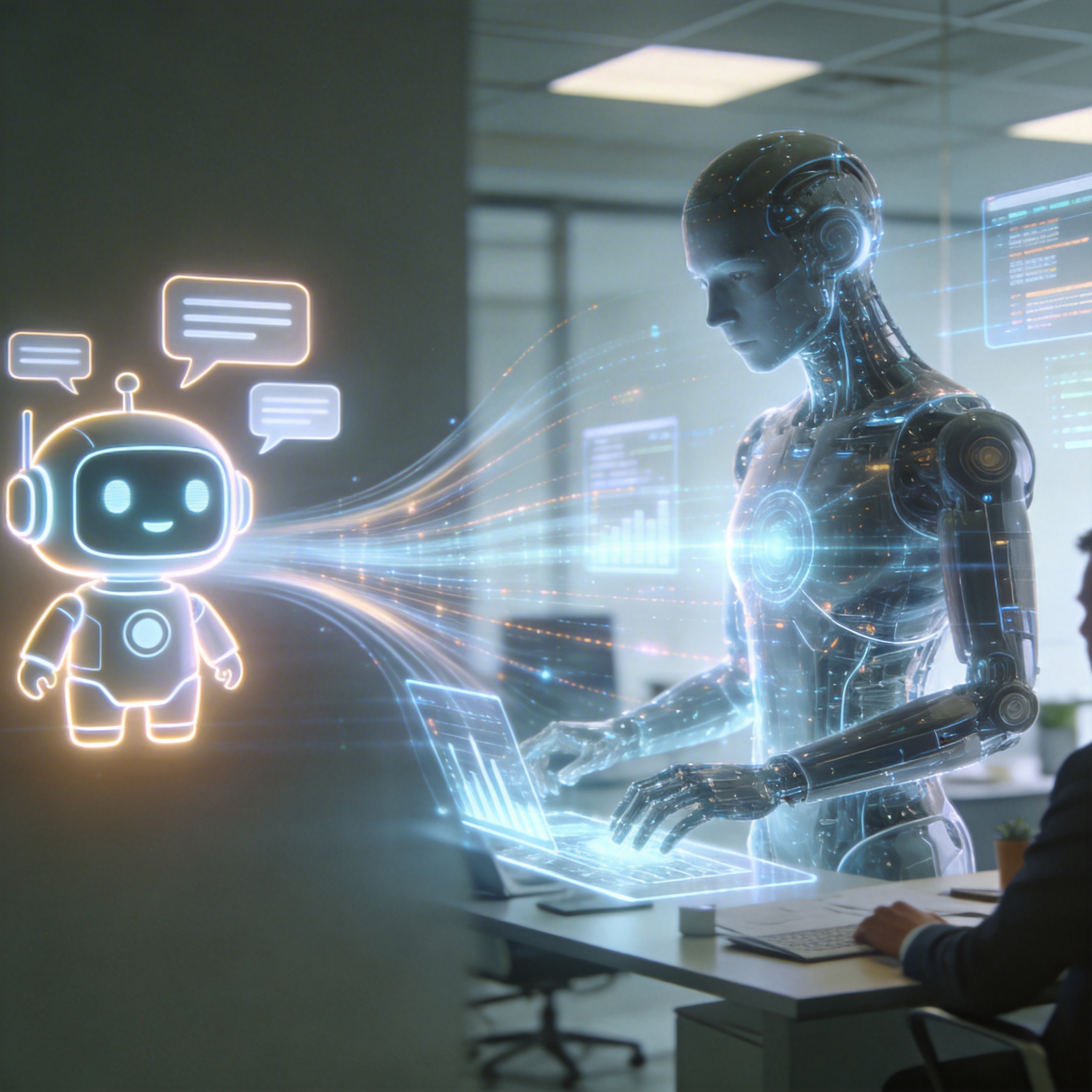 Visual transition from a simple chatbot icon to a sophisticated virtual employee avatar in an office setting.