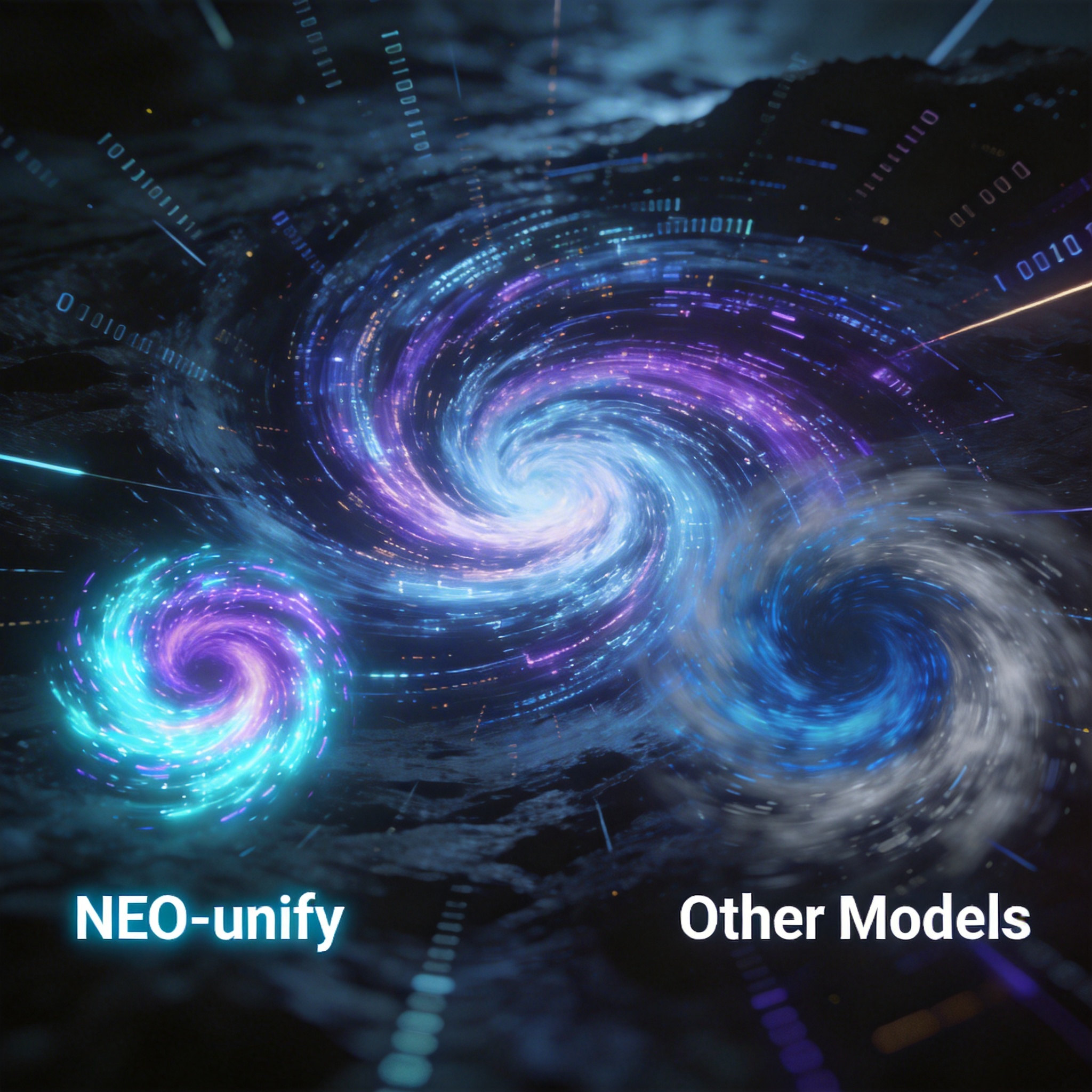 Abstract visualization of two data vortices, one compact and intense (NEO-unify), the other larger and diffuse (other models), symbolizing training efficiency.