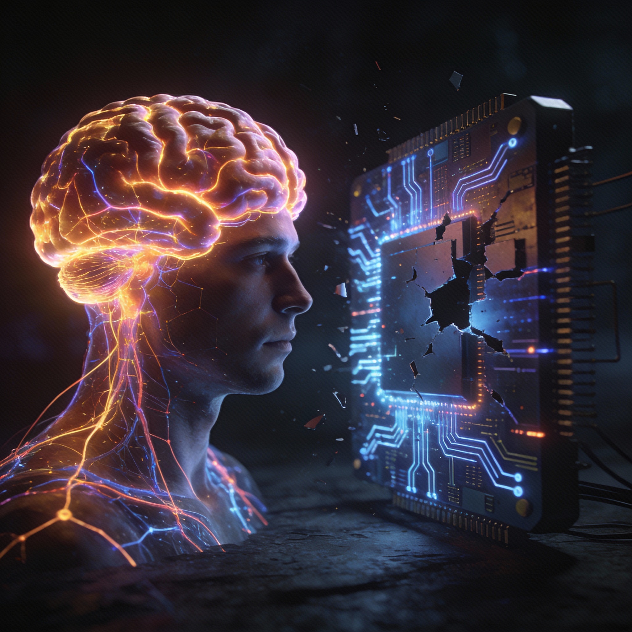 Human brain's neural pathways glowing brightly next to fragmented AI processing unit.