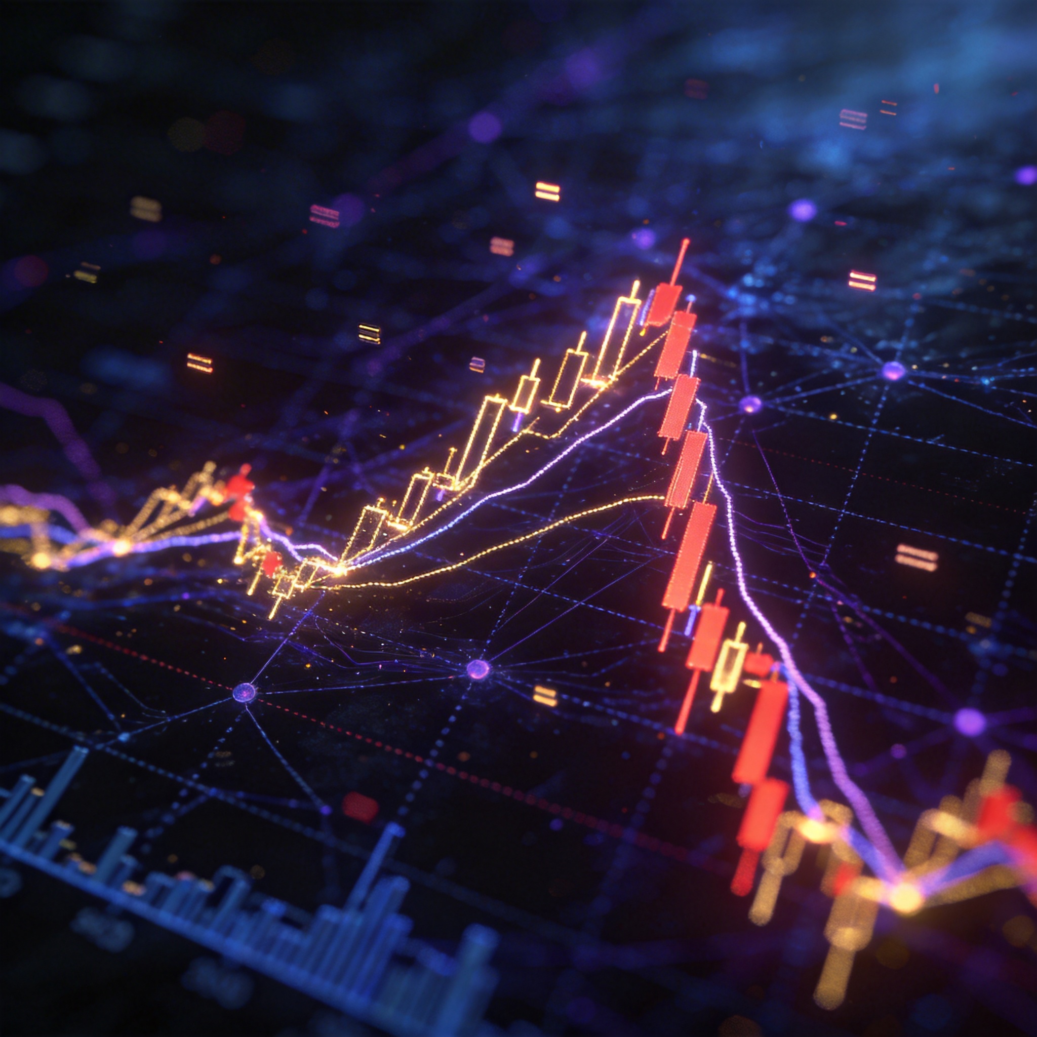 Abstract digital network with glowing lines, symbolizing stock market fluctuations influenced by AI.
