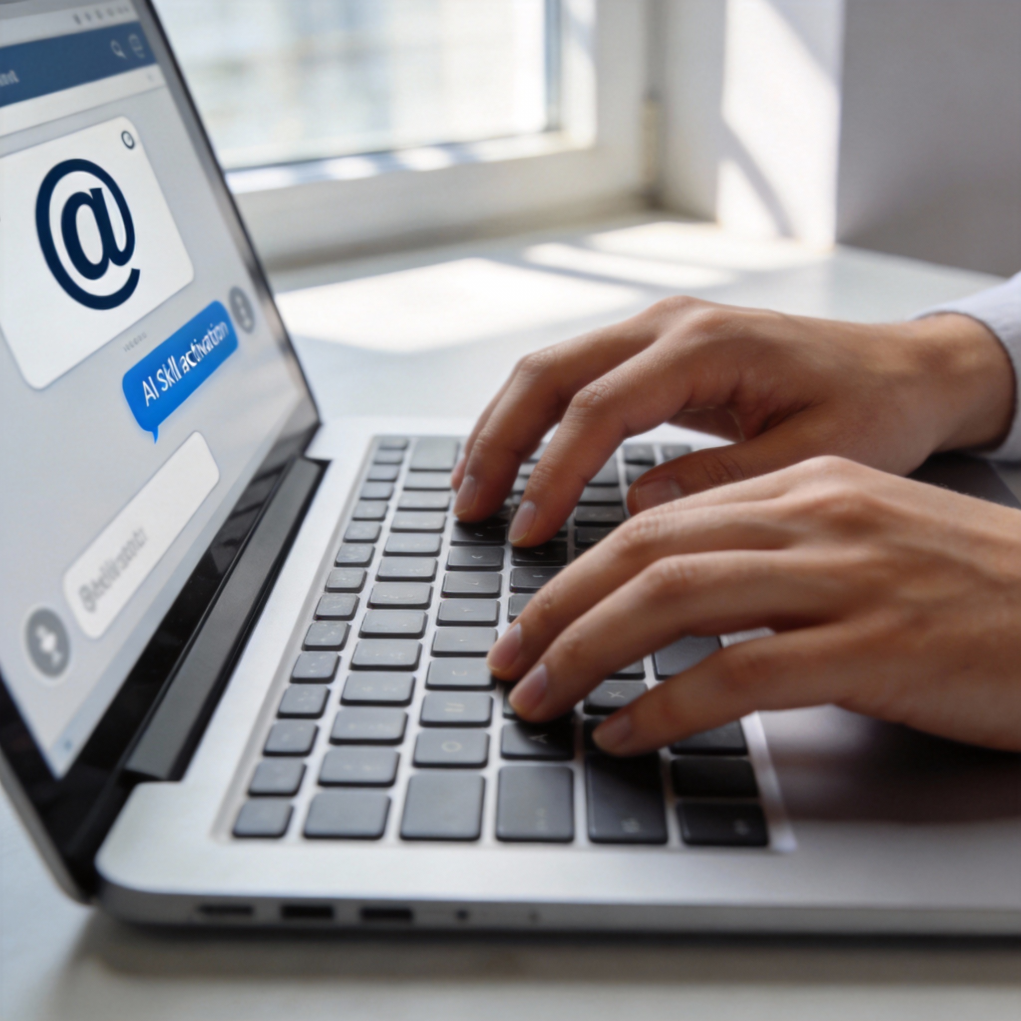 Hands typing on a laptop keyboard, with an '@' symbol visible in a chat interface on screen.