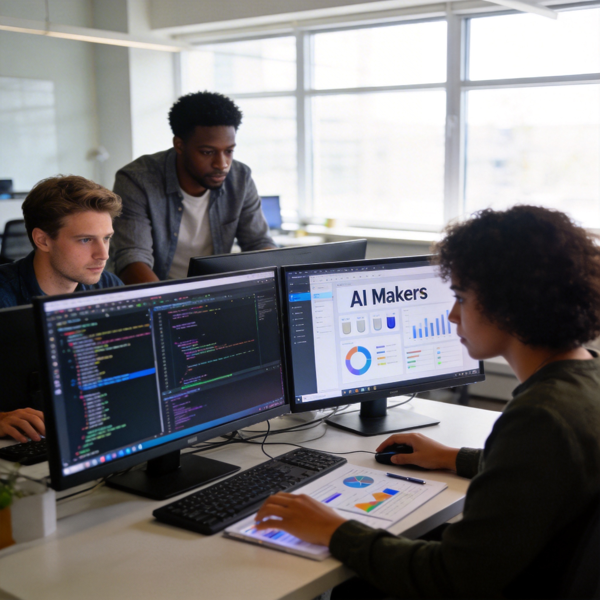 AI Makers coding, designing, and analyzing data in a modern office.