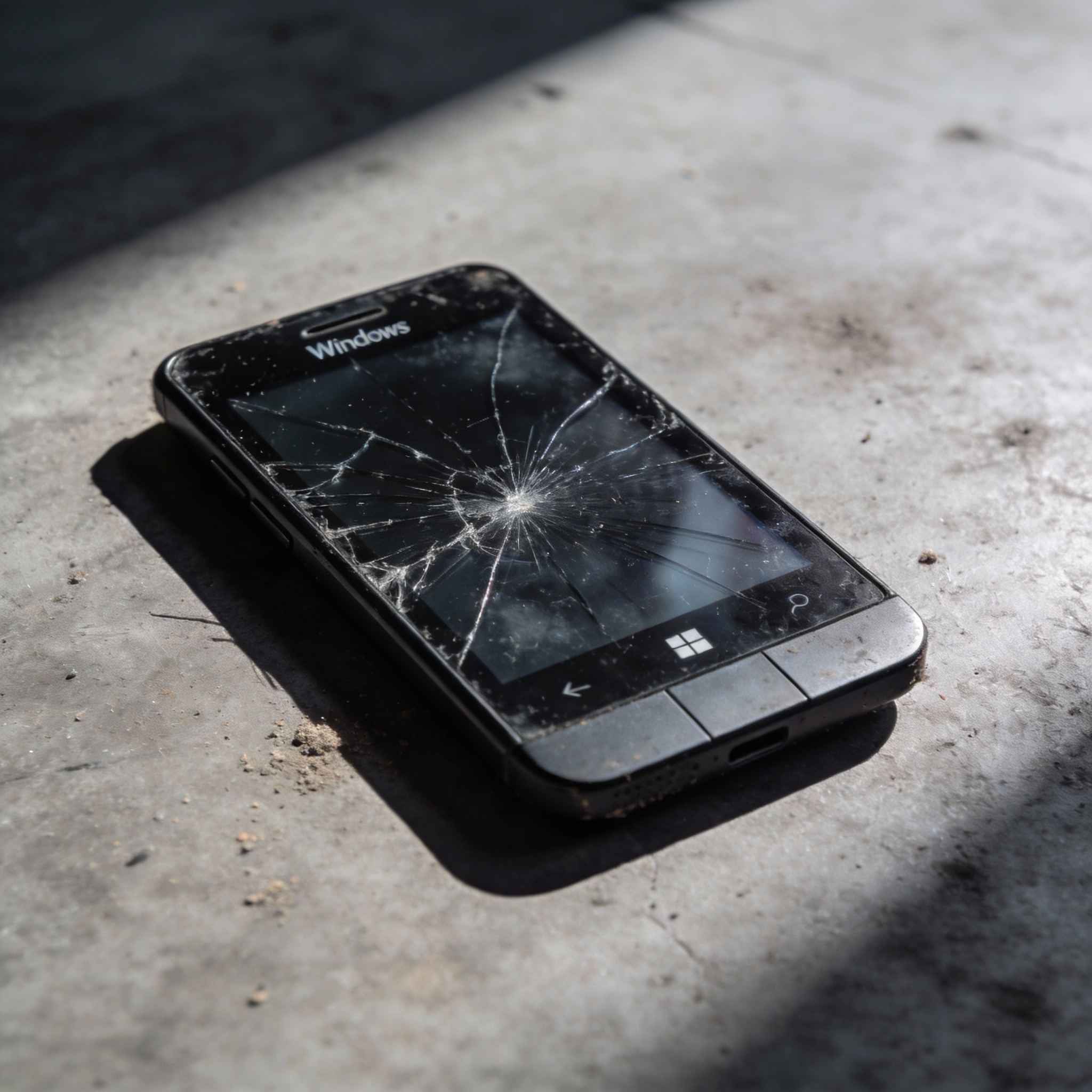A discarded smartphone with a cracked screen on concrete, representing failed tech projects.