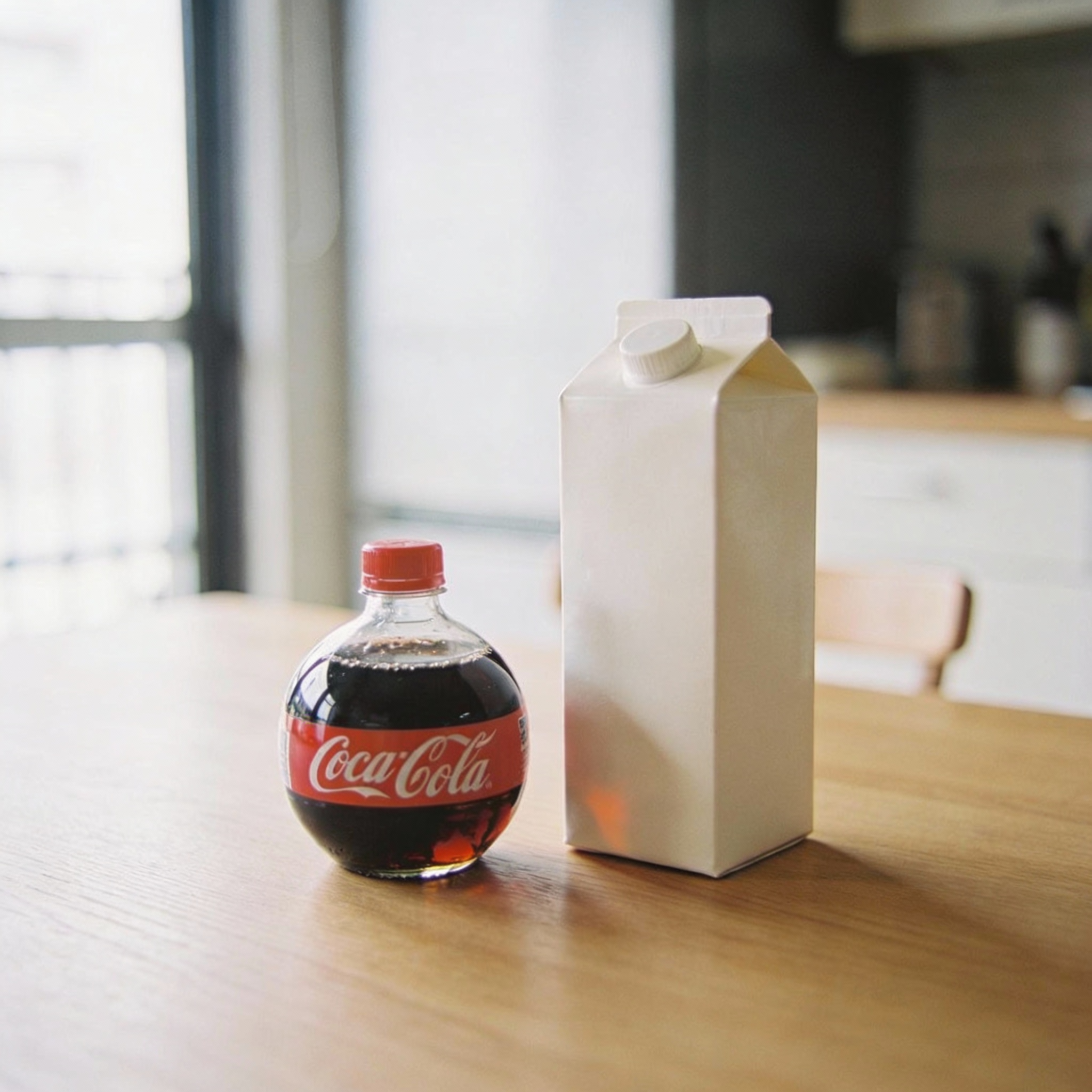 A square milk carton next to a round cola bottle on a wooden table, illustrating 'milk and cola economics'.