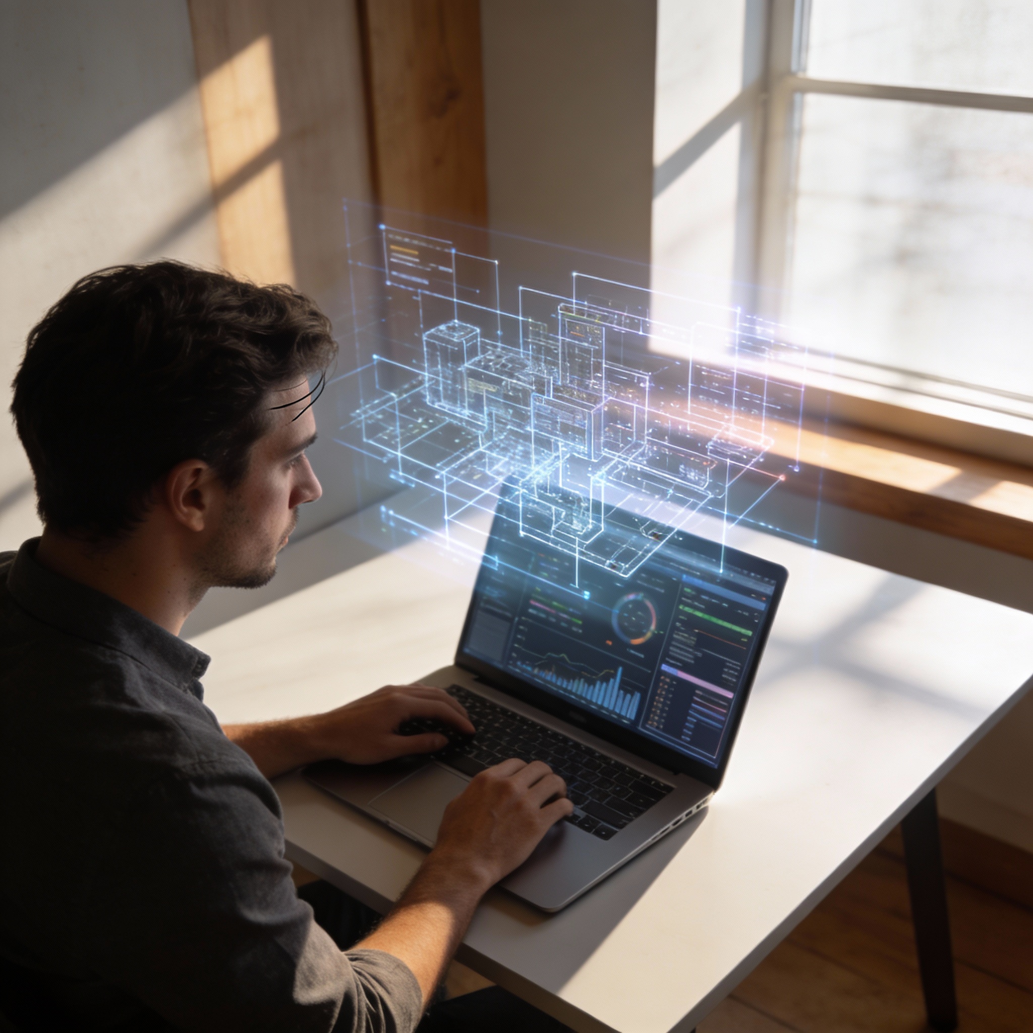 A single person at a desk with holographic projections, symbolizing the 'one-person company' enabled by AI.