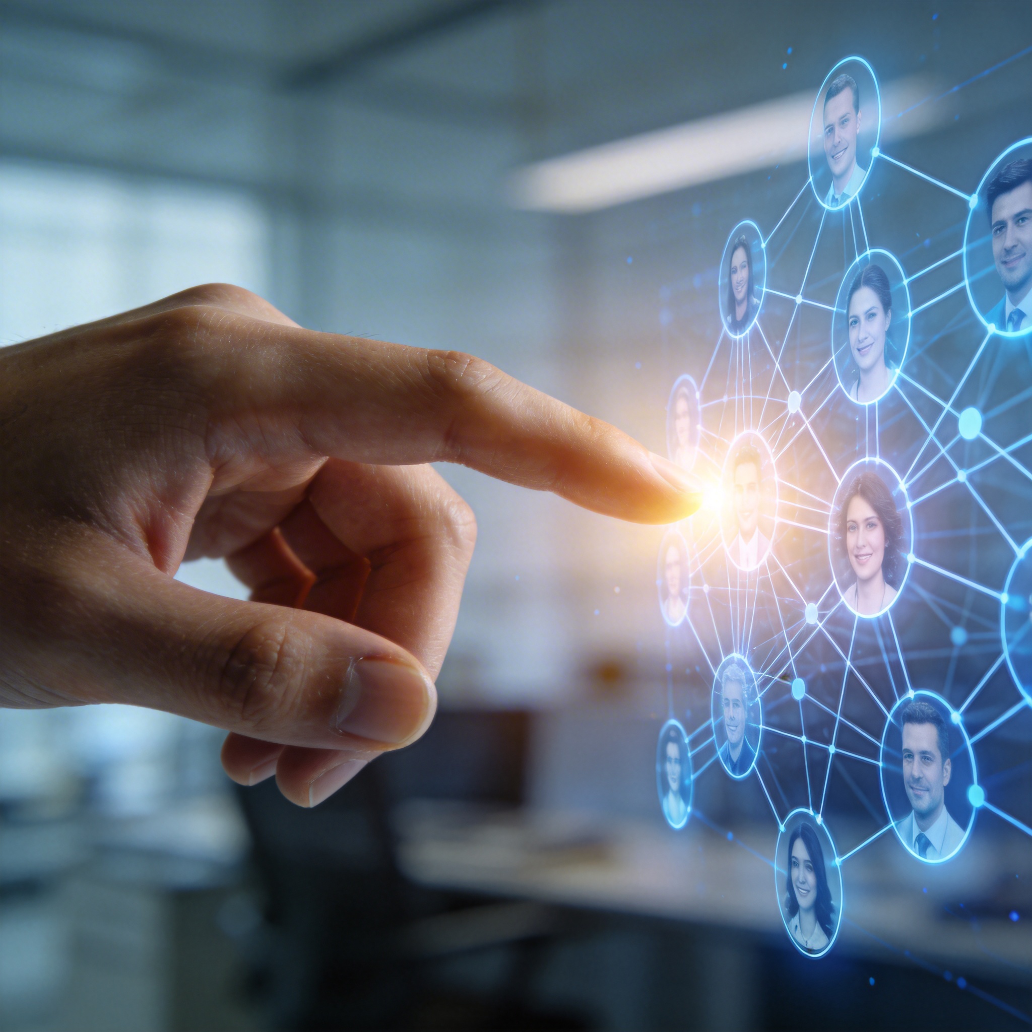 Human hand touching a holographic AI network that transforms into faces, symbolizing human-AI customer management.