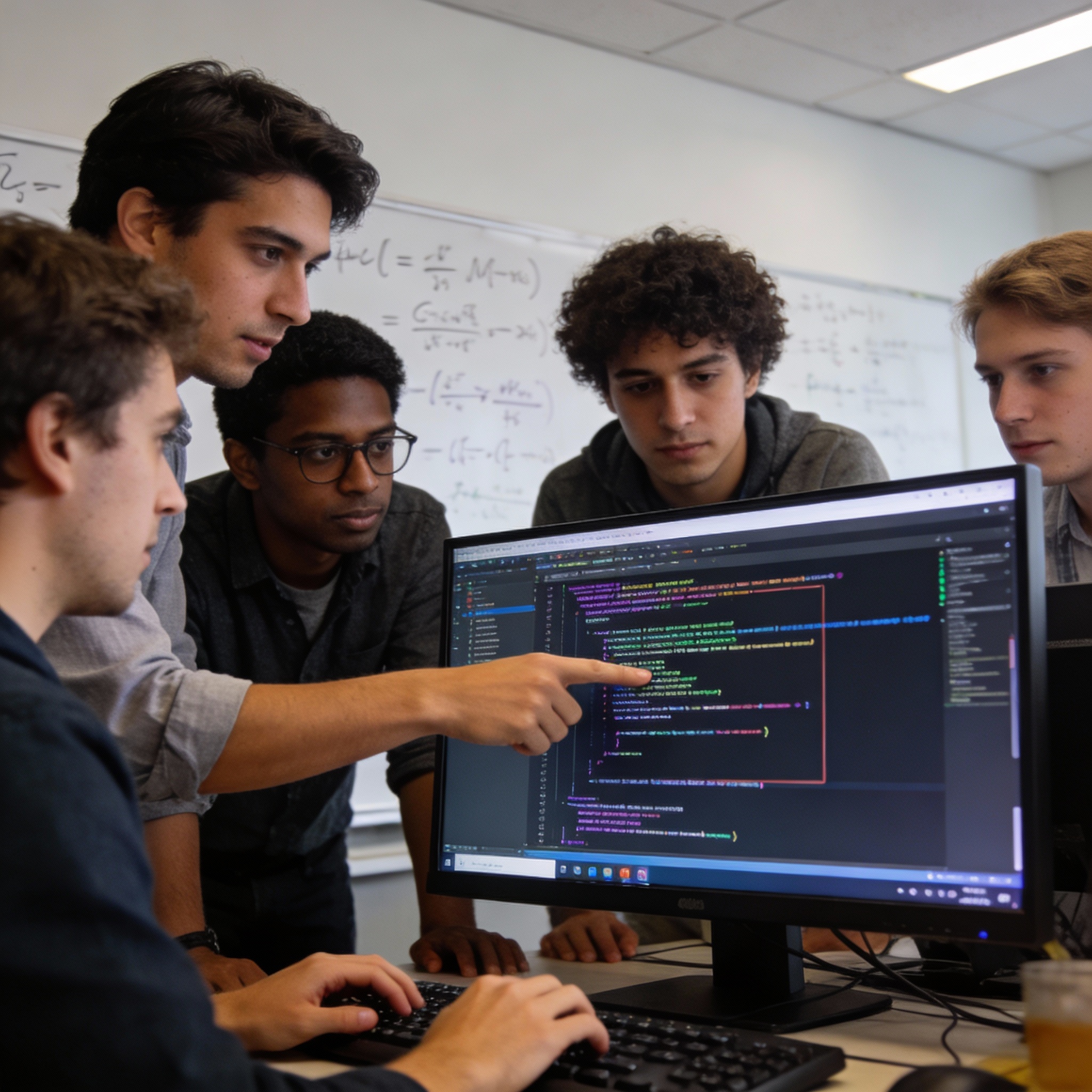 PhD students collaborating on complex algorithms and code in a modern research lab, representing Google's student program.