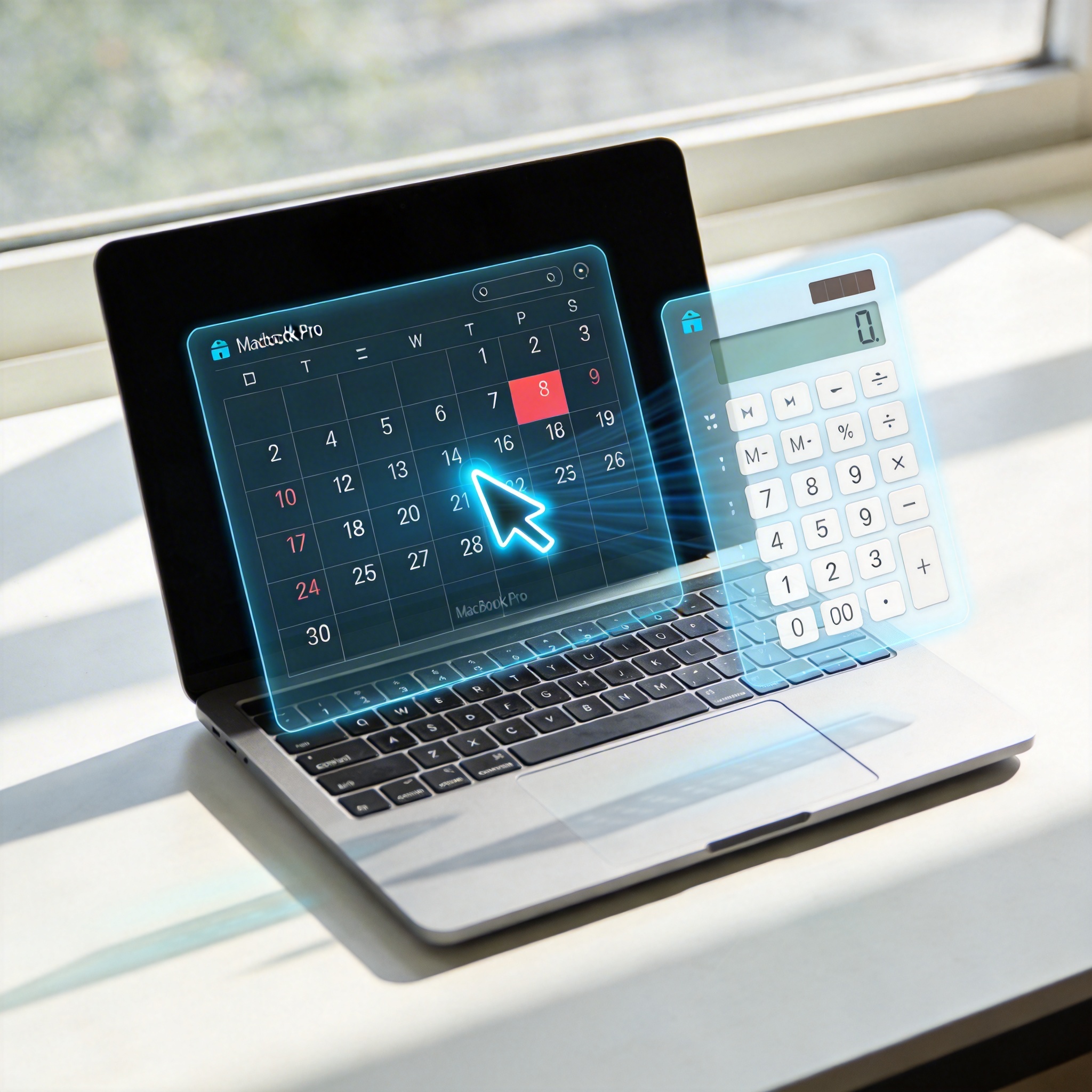 MacBook keyboard with calendar and calculator apps open, showing AI interaction.
