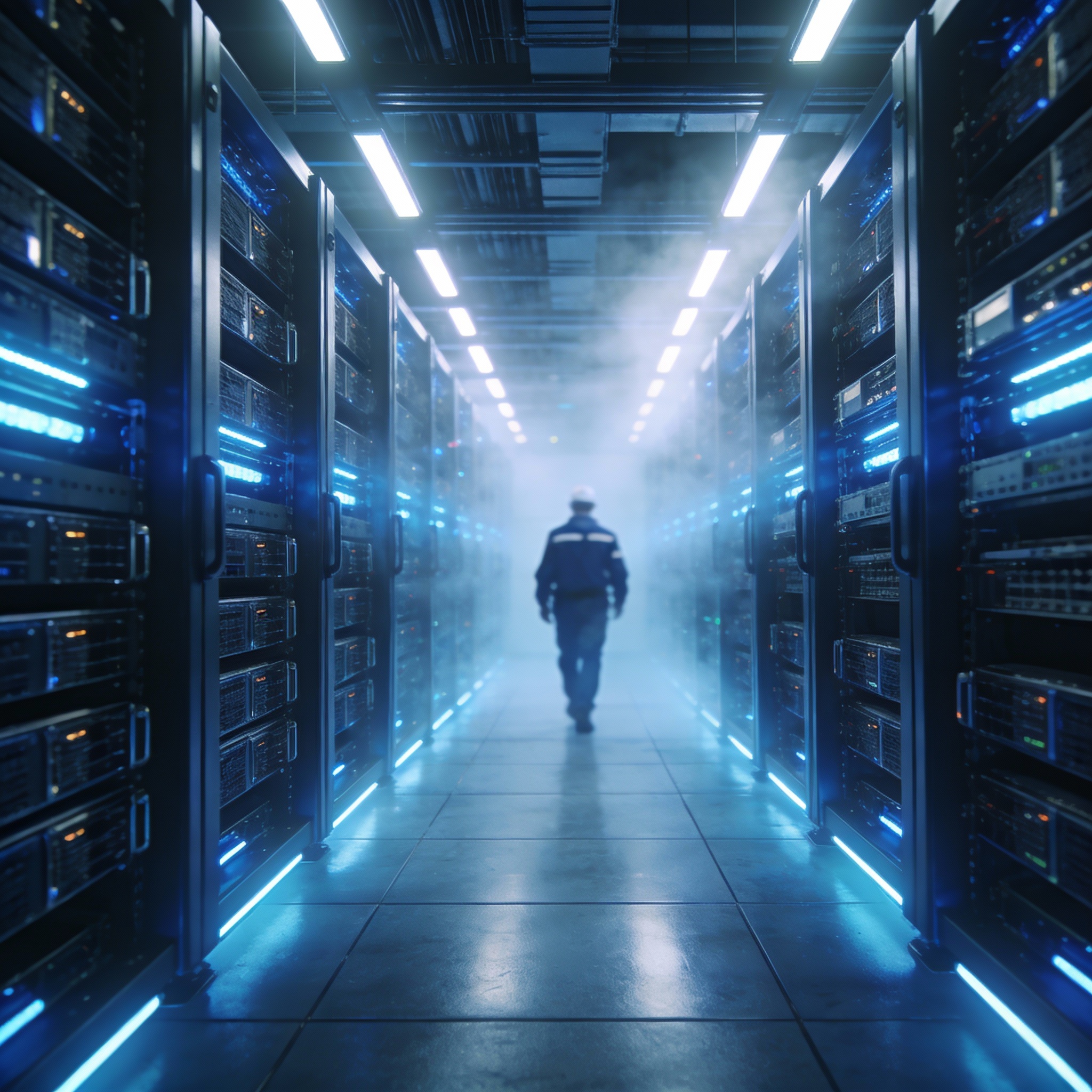 Rows of server racks in a modern data center, symbolizing the infrastructure supporting AI models.