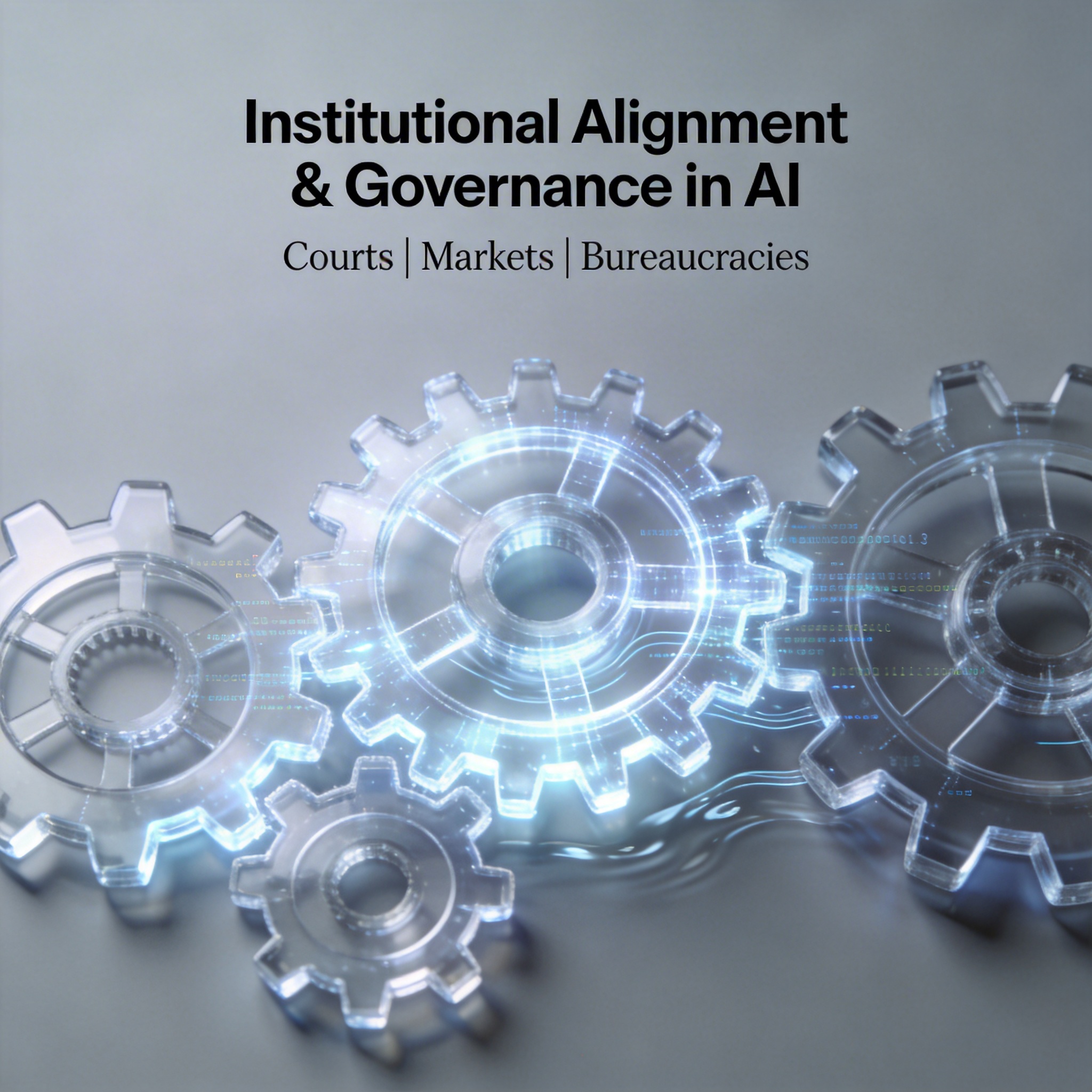 Interlocking digital gears and code lines, symbolizing institutional AI governance and alignment.