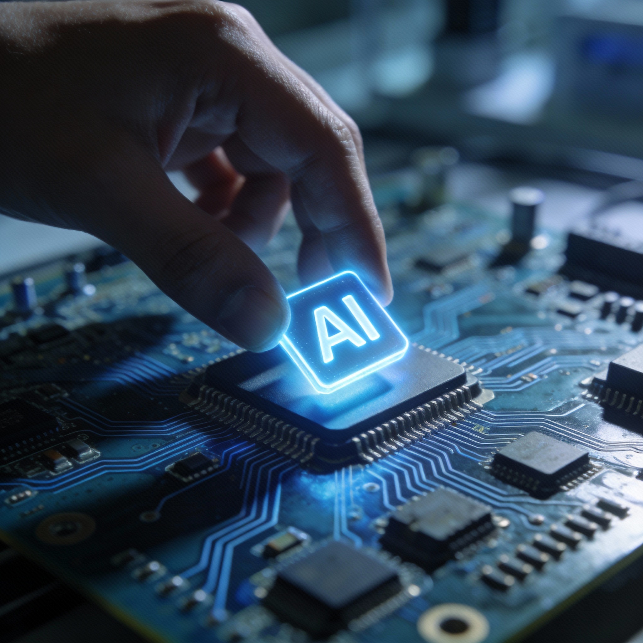 A hand placing a glowing 'AI' chip onto a circuit board, symbolizing the cultivation of AI talent and innovation.
