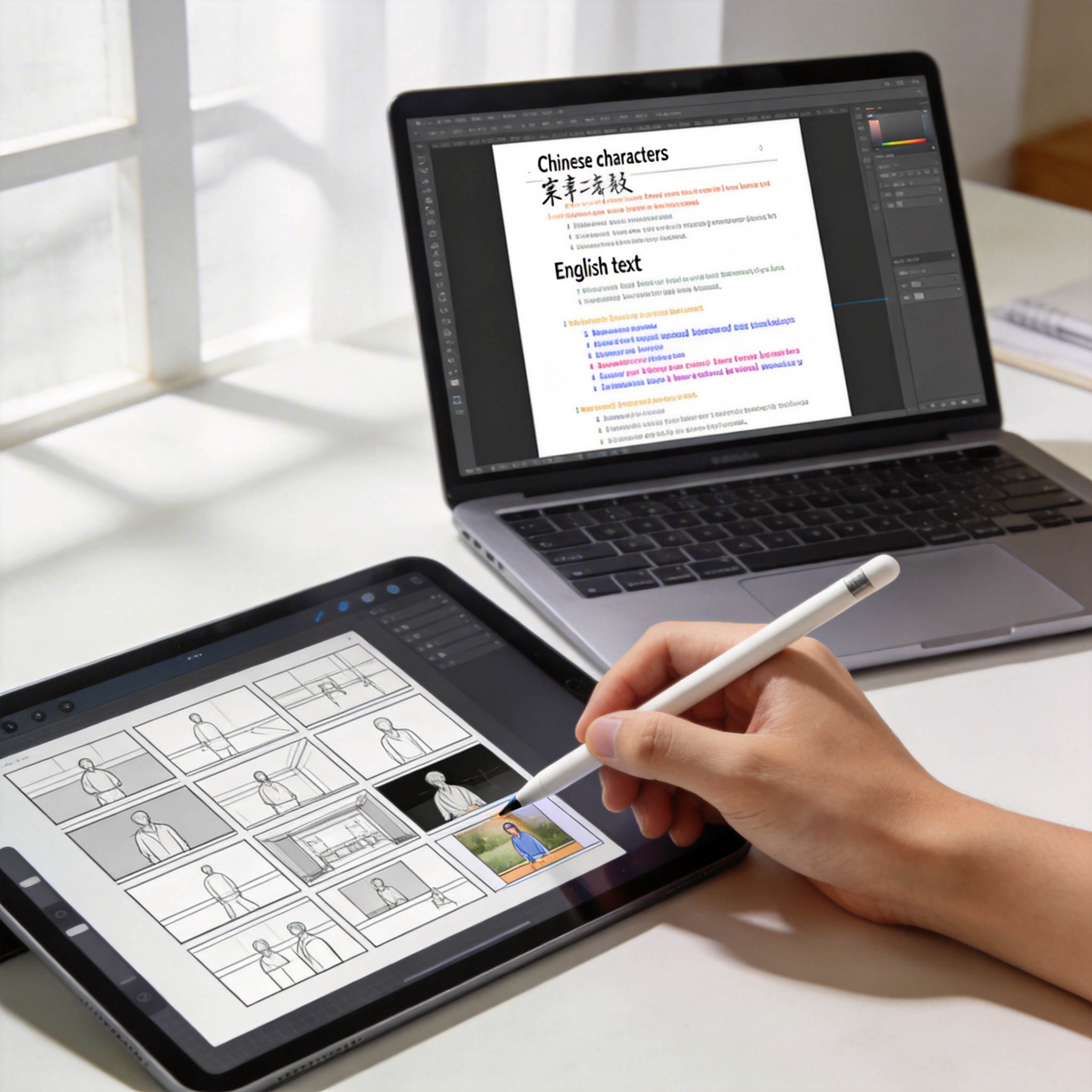 Desk with laptop showing script and tablet displaying a storyboard for video production.