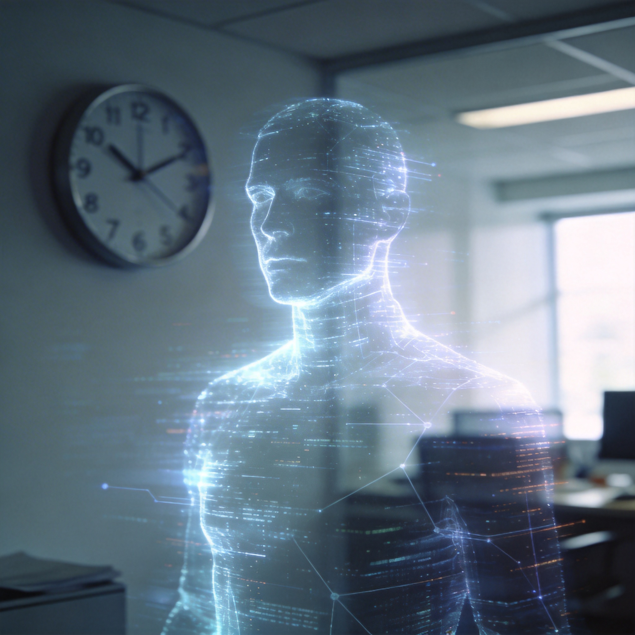Translucent digital silhouette of a human figure overlaid on an office, symbolizing a 'cyber doppelganger' AI.