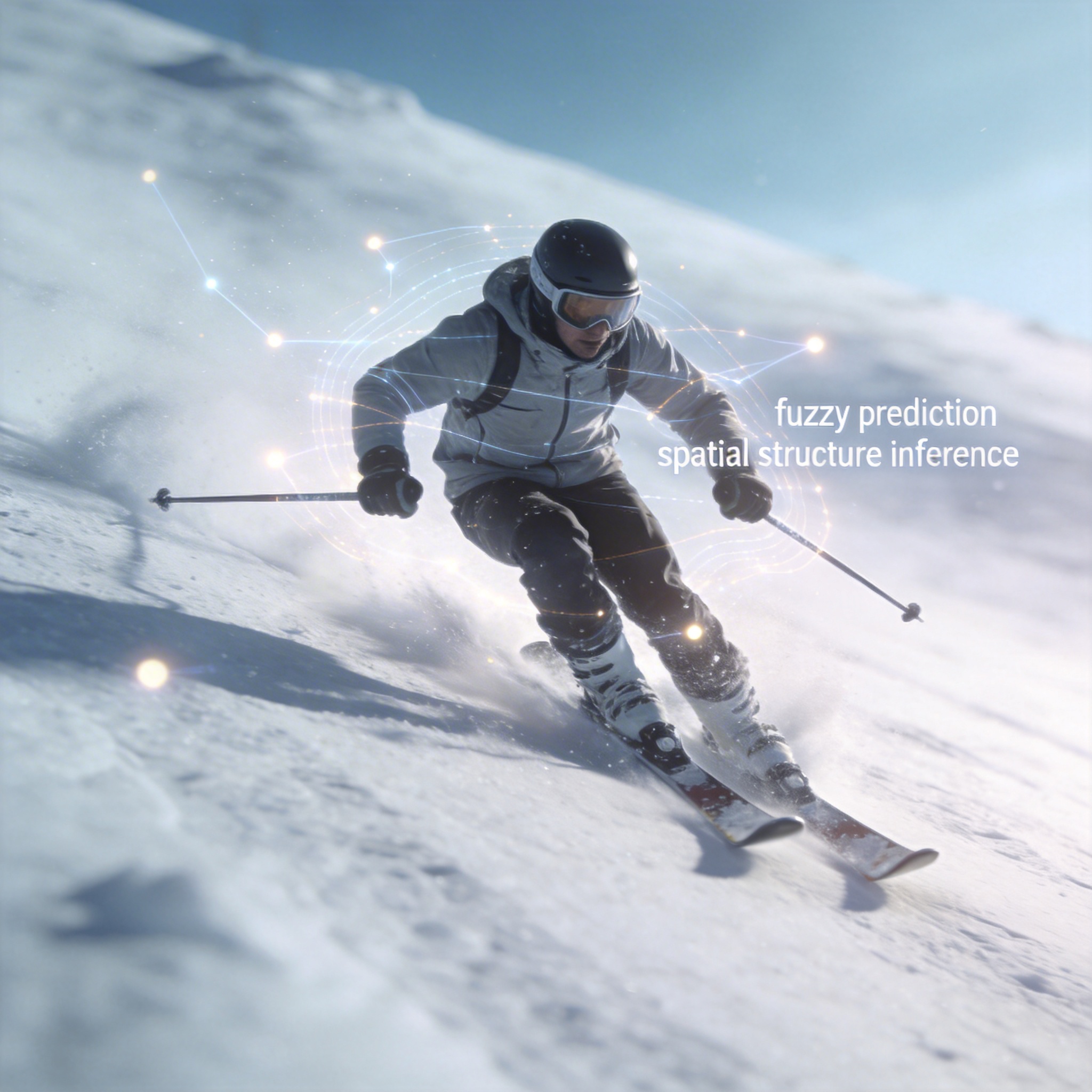Alpine skier on a white slope, with glowing AI lines showing multi-model fusion algorithm at work.