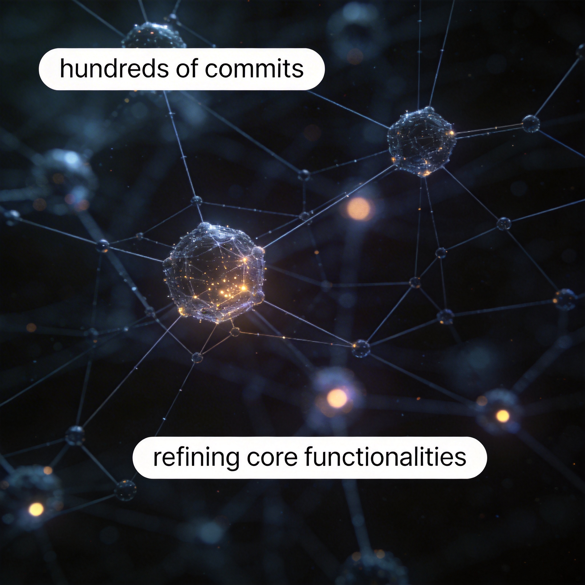 Abstract network of glowing nodes and lines, symbolizing software development commits and refinement.