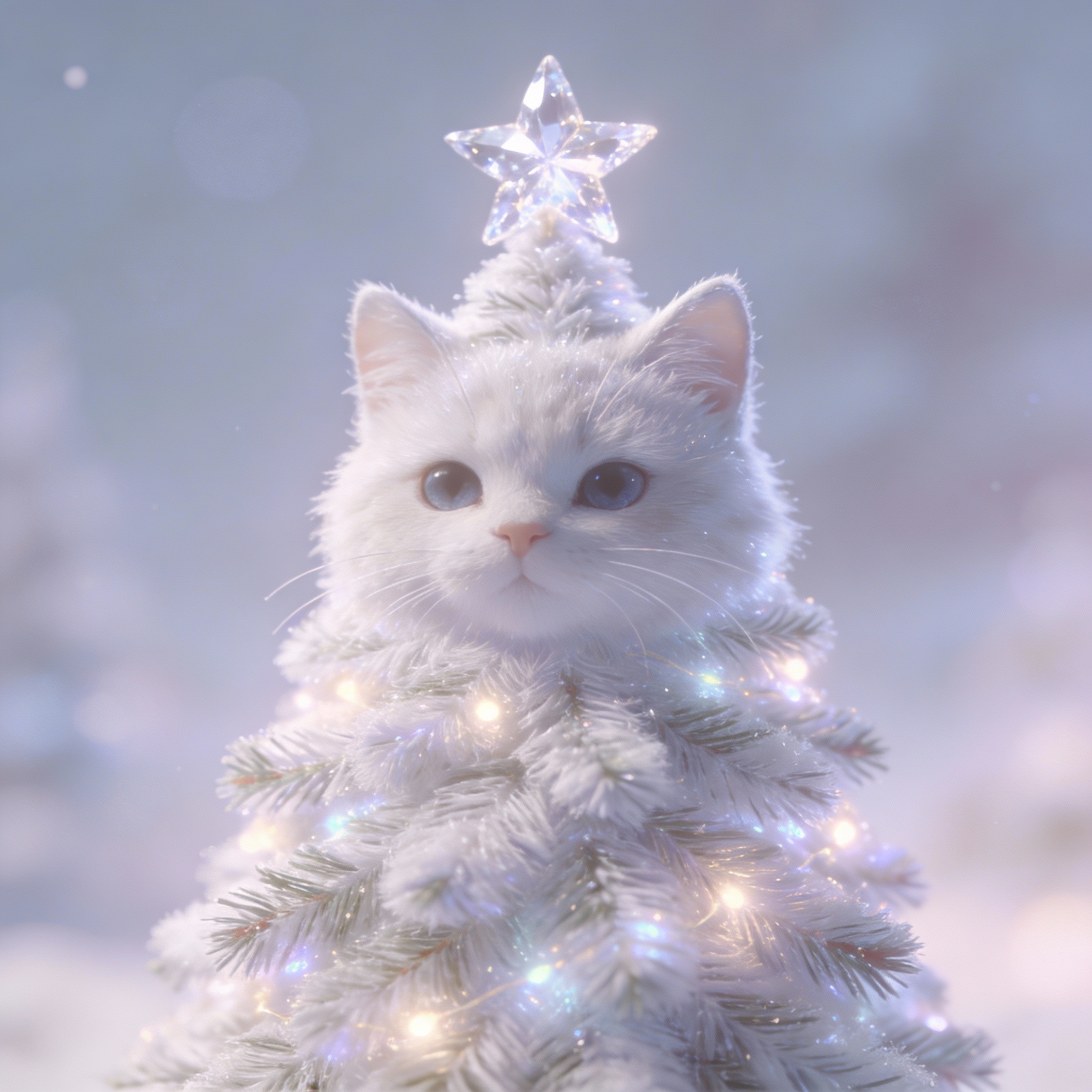 A white cat digitally morphed into a conical Christmas tree shape with glowing lights and a star topper.