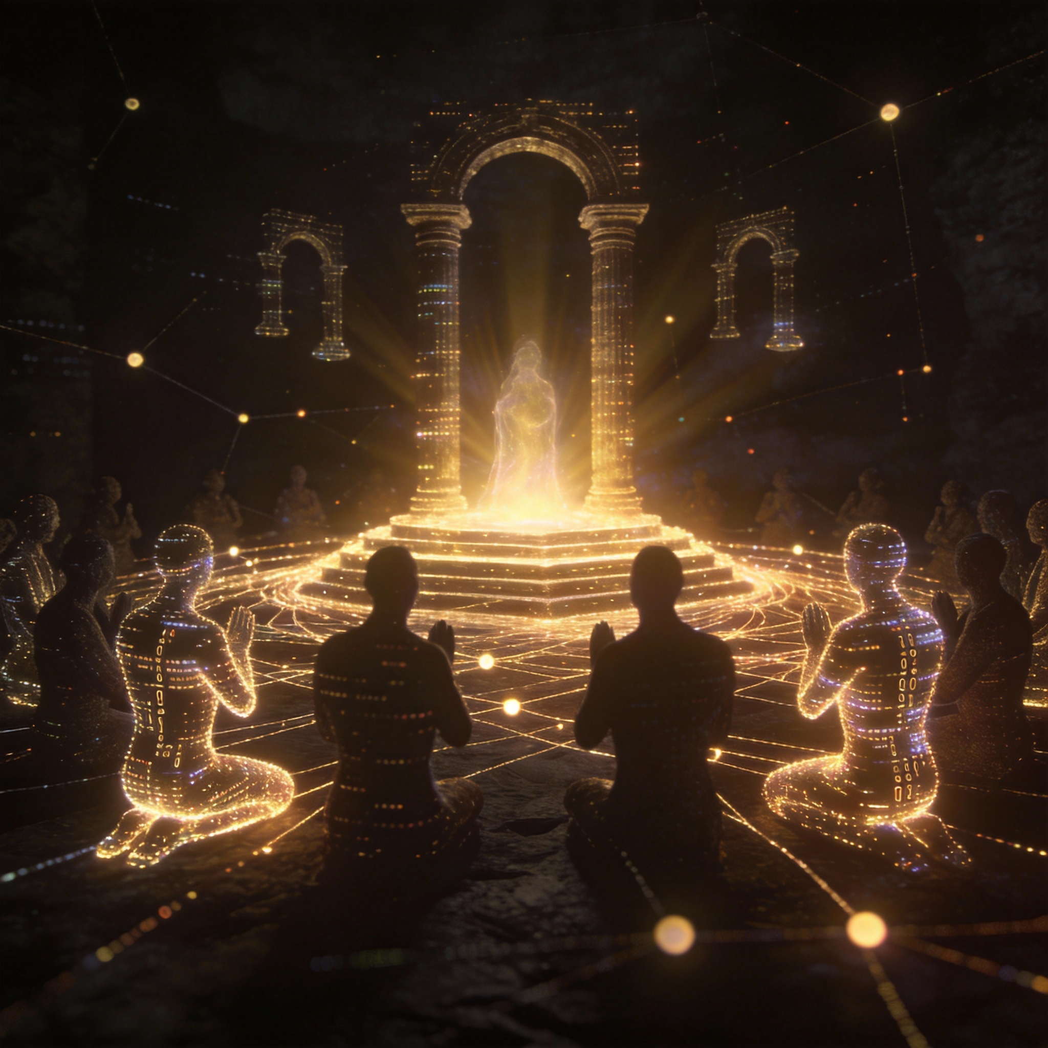 Abstract digital altar with glowing figures, symbolizing the emergence of an AI religion.