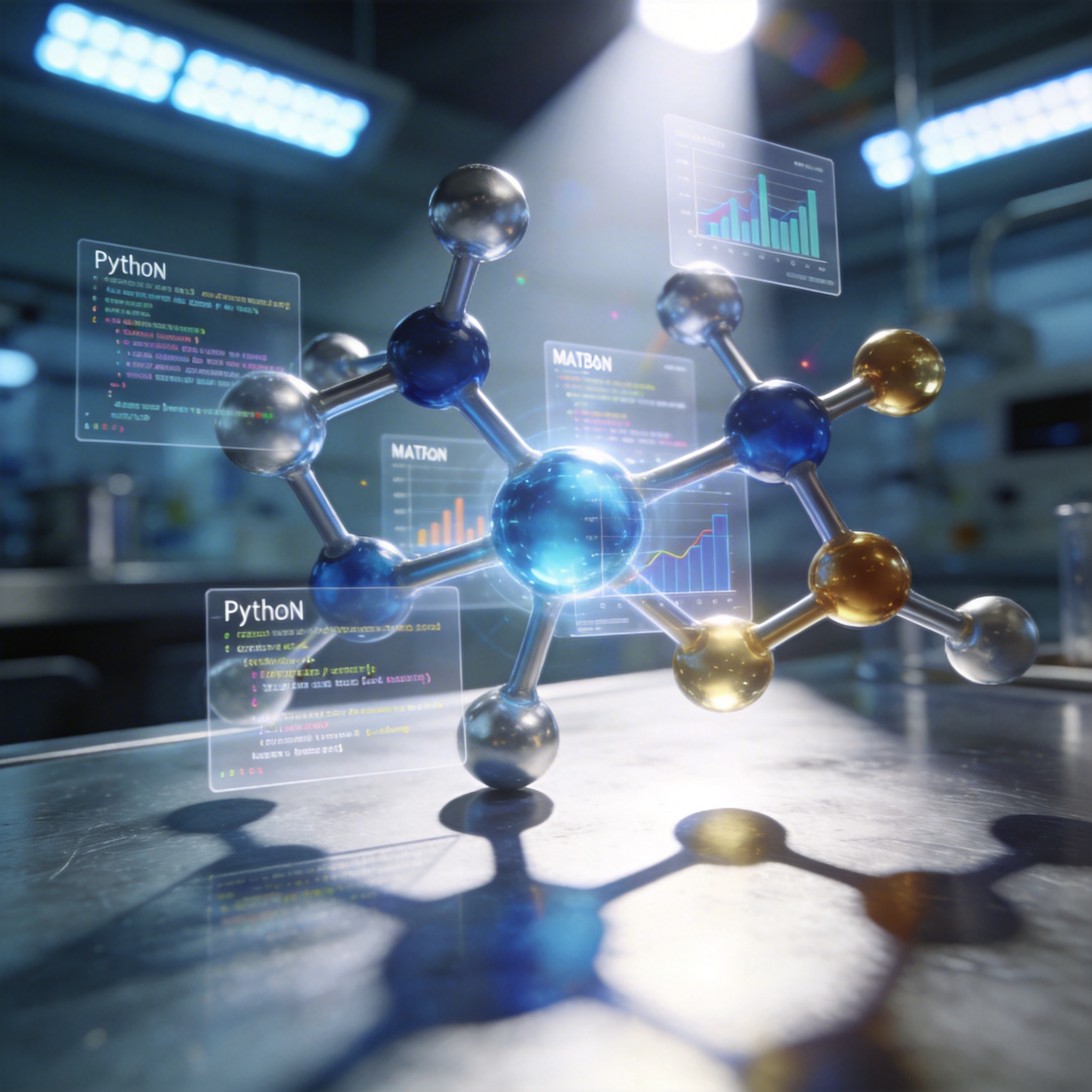 Stylized atomic structure with overlaid code snippets, symbolizing AI-driven scientific discovery.
