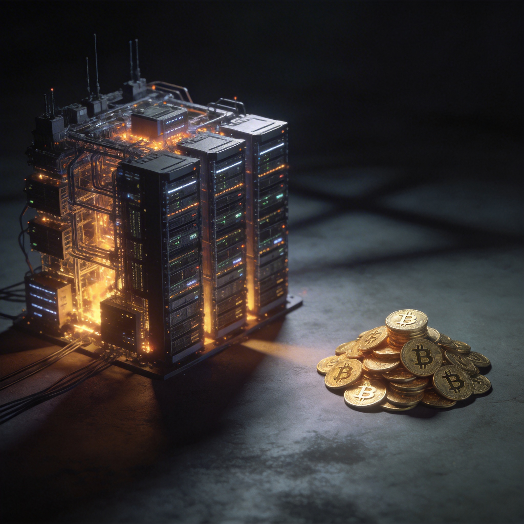Massive, glowing server racks symbolizing high costs contrasted with a tiny pile of coins representing low revenue.