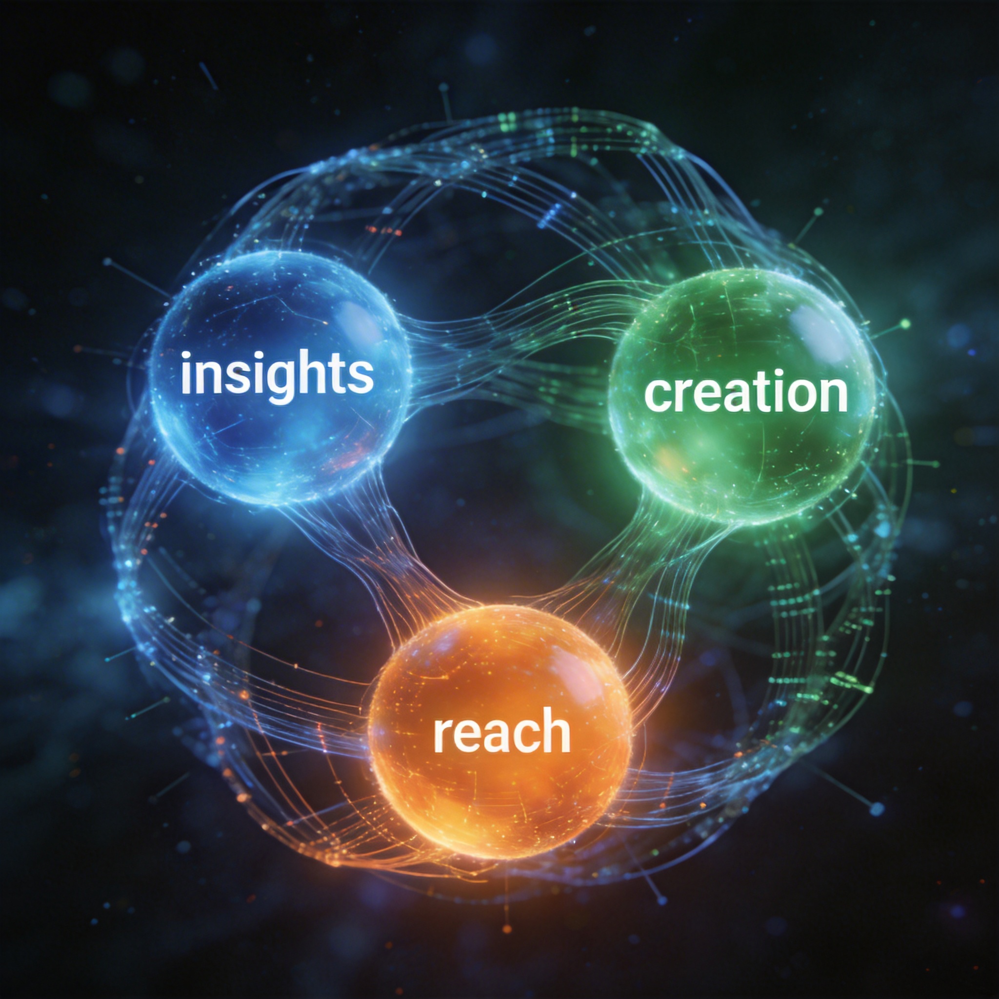 Three interconnected glowing spheres symbolizing Brand Advertising, Xingtu, and YunTu synergy.