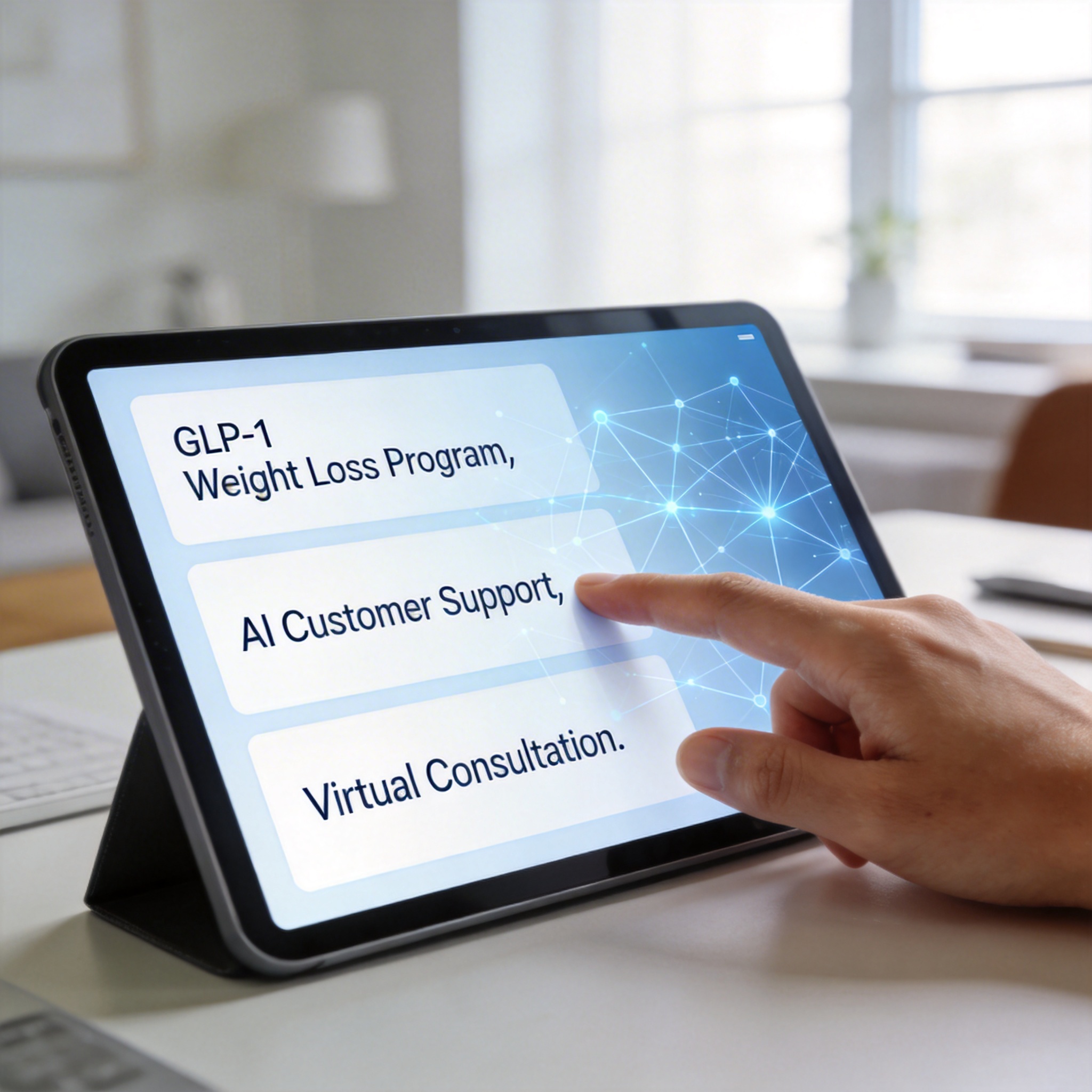 Digital interface of Medvi telemedicine platform on a tablet, showcasing AI features.