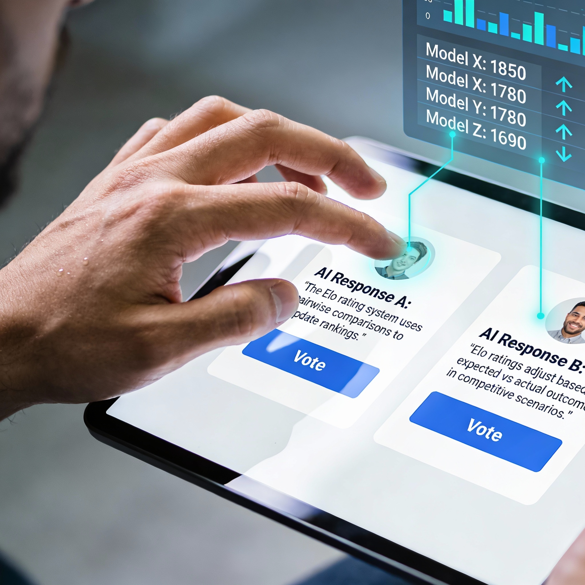 Hands interacting with a tablet displaying an AI model comparison interface with voting options.